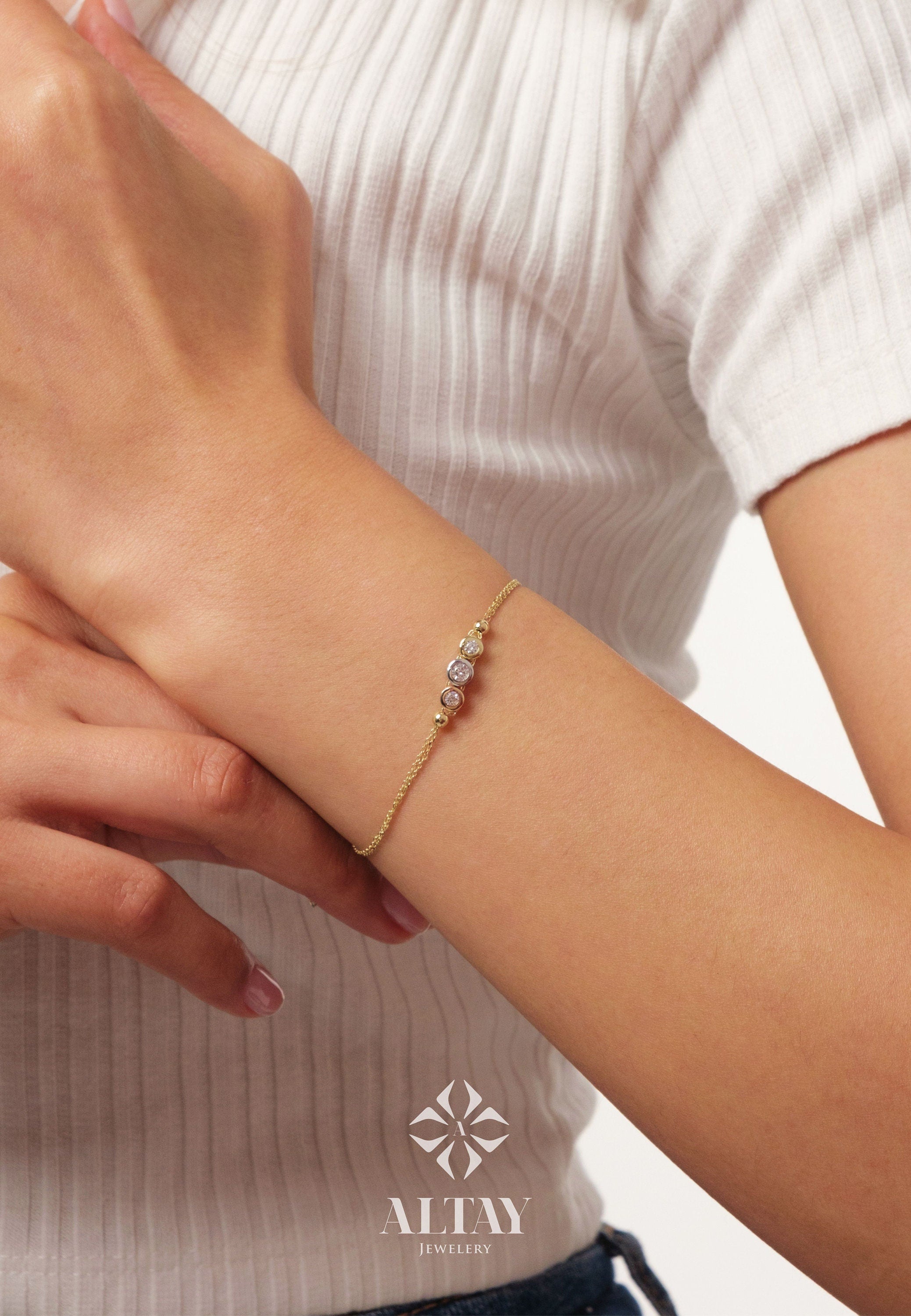 14K Gold Trio Bezel Diamond Bracelet, Three Stone Diamond Bracelet, Dainty Gold Bracelet, Bracelets for Women, Memorial Day Sale