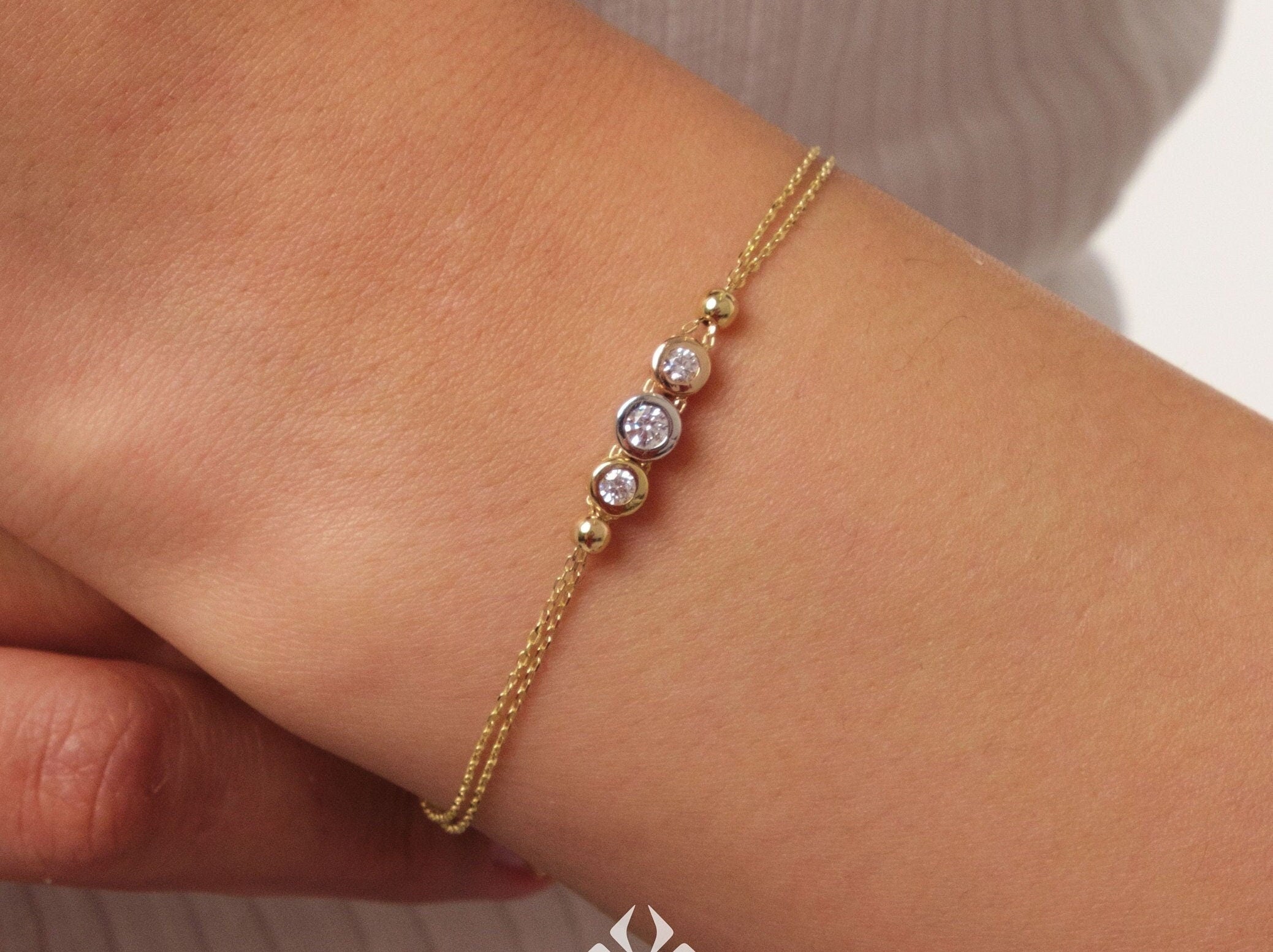 14K Gold Trio Bezel Diamond Bracelet, Three Stone Diamond Bracelet, Dainty Gold Bracelet, Bracelets for Women, Memorial Day Sale
