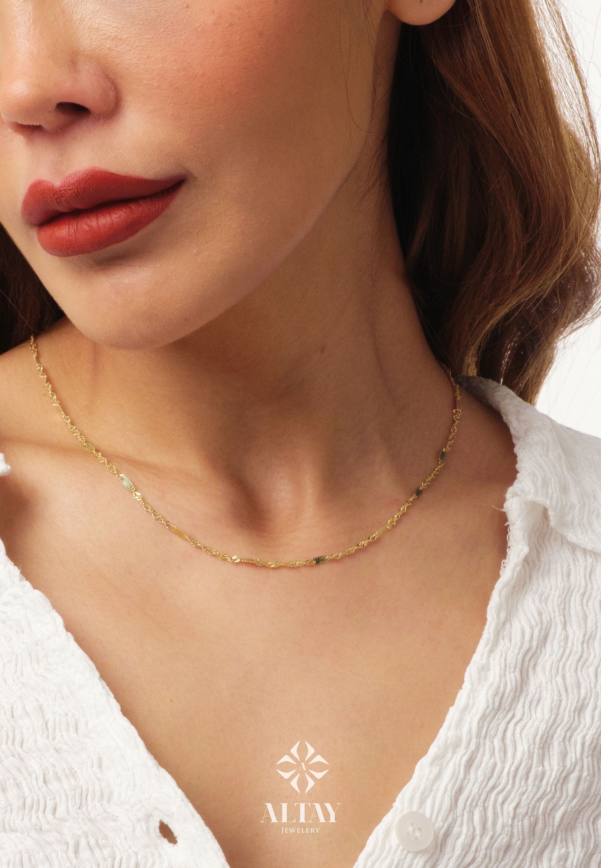 14K Gold Singapore Chain Necklace, 2MM Singapore Twist Chain Choker, Singapore Rope Glitter Chain, Sparkle Sequin Layering Necklace