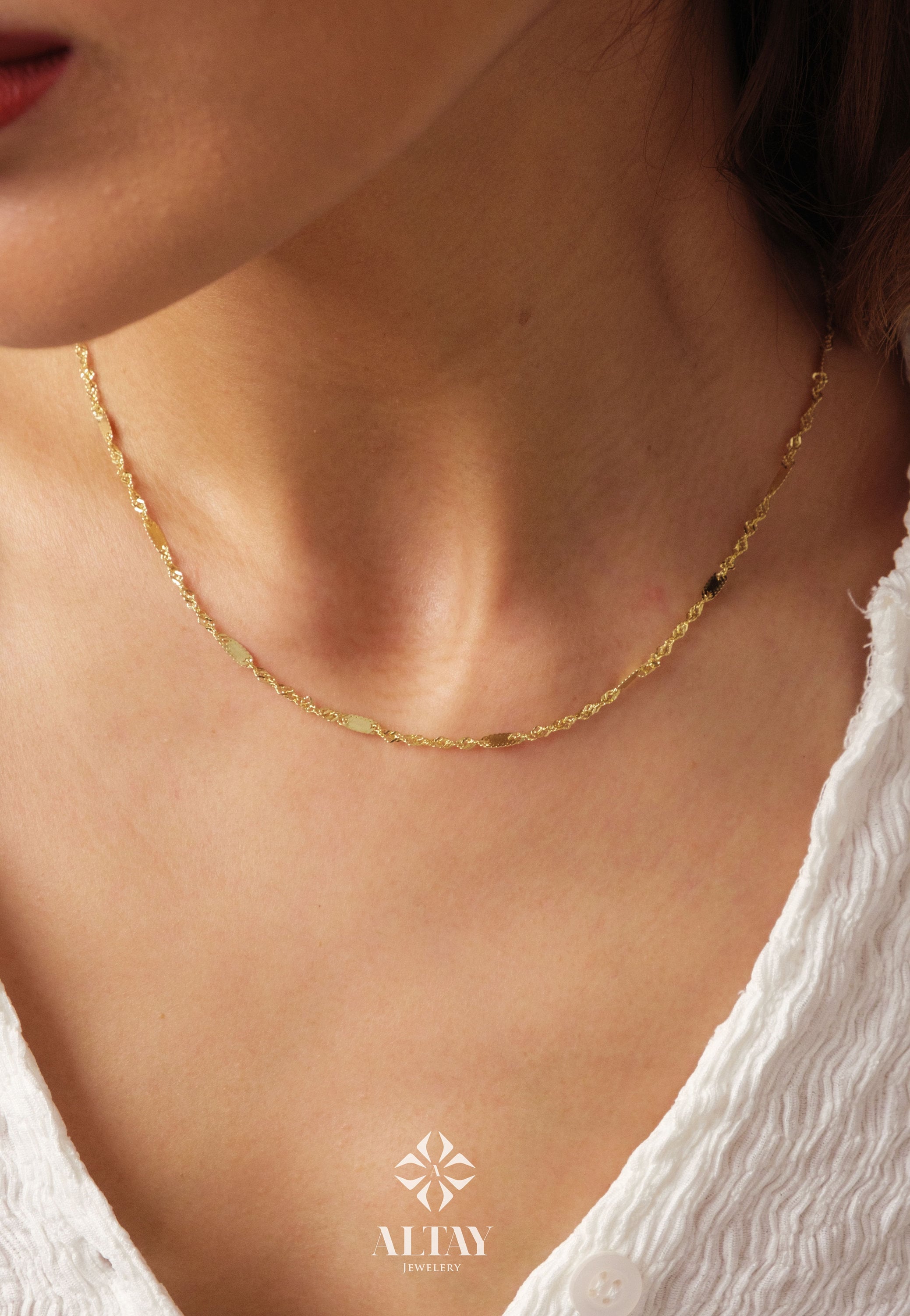 14K Gold Singapore Chain Necklace, 2MM Singapore Twist Chain Choker, Singapore Rope Glitter Chain, Sparkle Sequin Layering Necklace