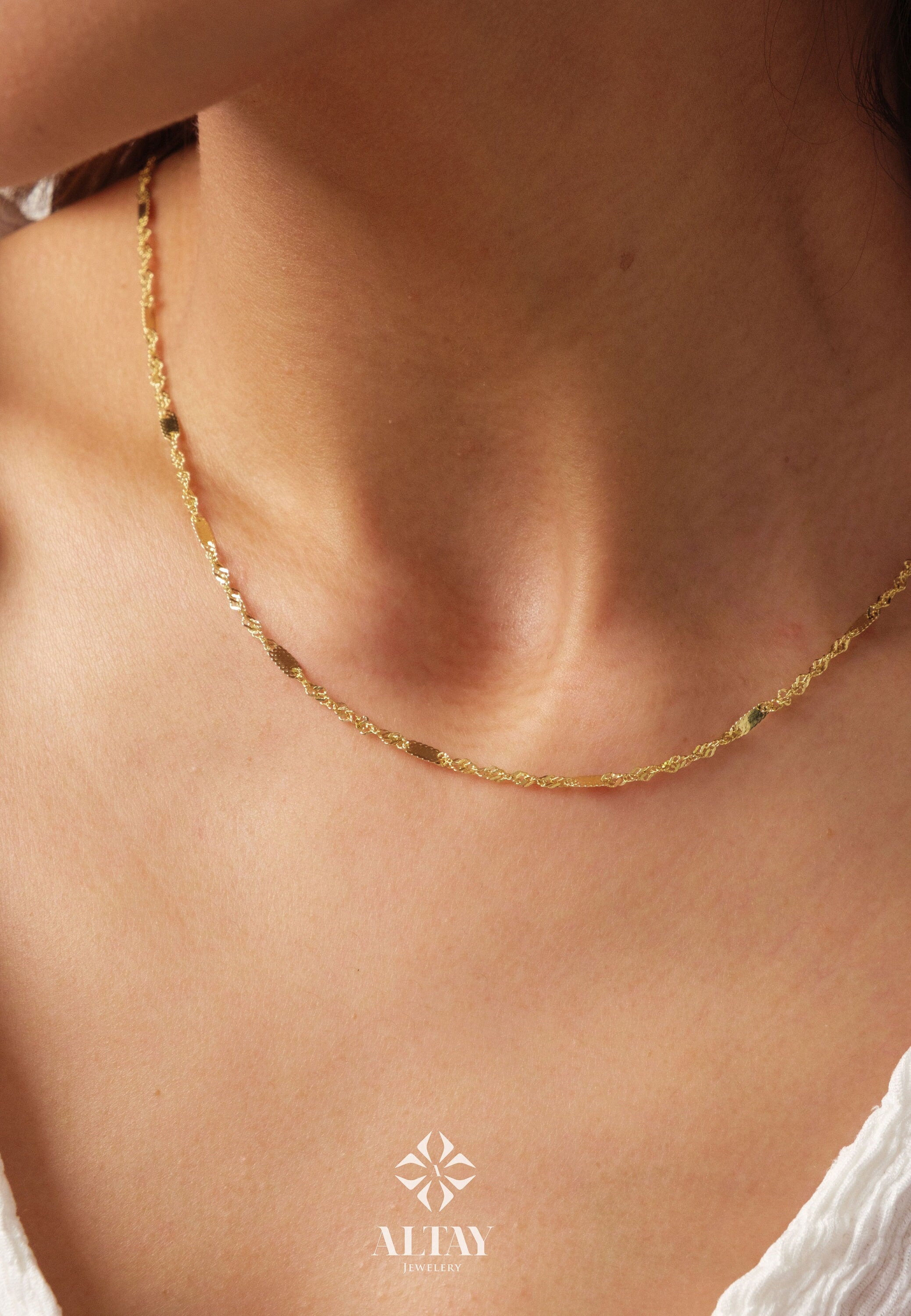 14K Gold Singapore Chain Necklace, 2MM Singapore Twist Chain Choker, Singapore Rope Glitter Chain, Sparkle Sequin Layering Necklace