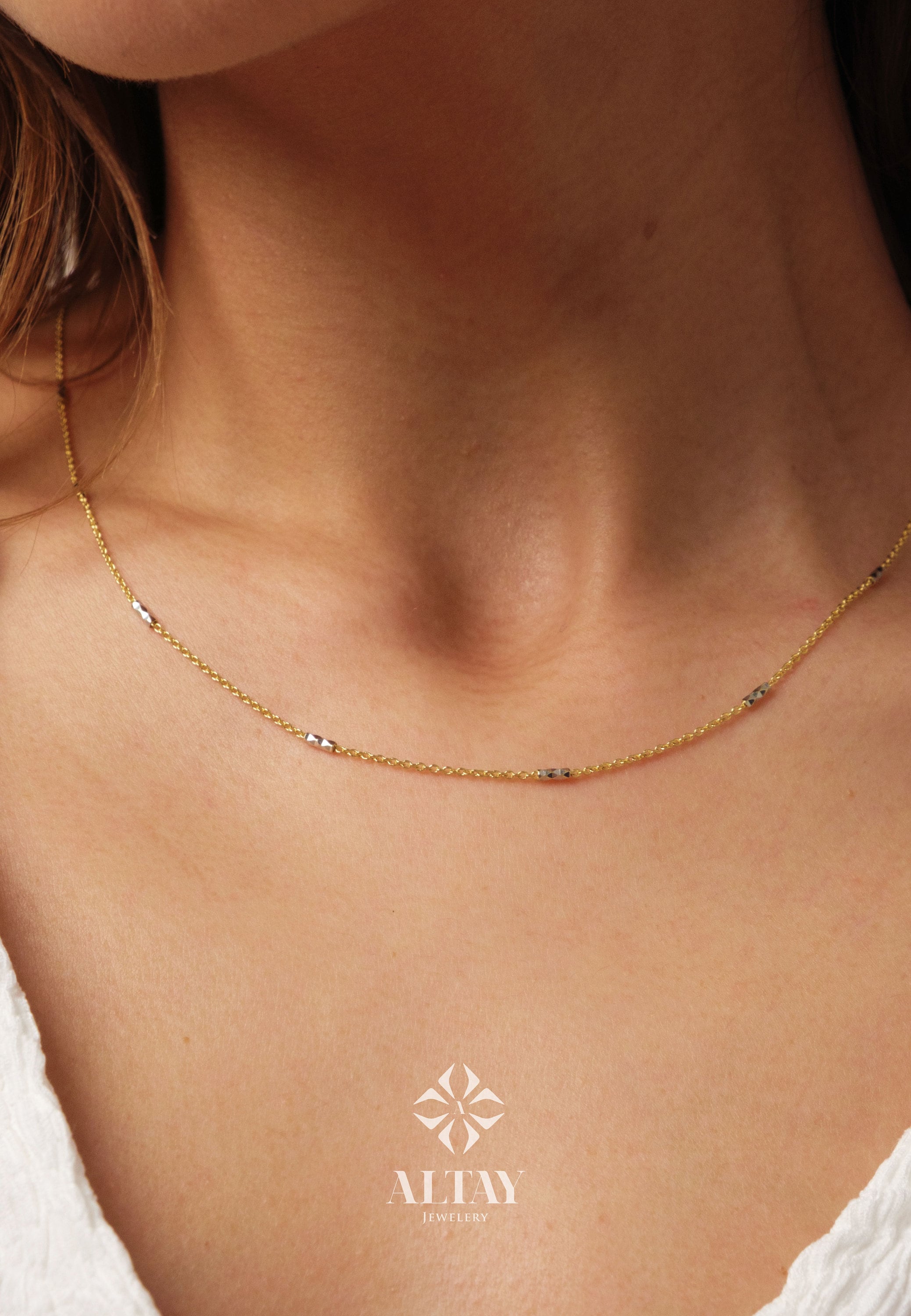 14K Gold Two Tone Chain Necklace, Tube Chain Choker, Cylinder Long Tube Chain, Christening, Chunky Chain Rolo, Two-Tone Necklace