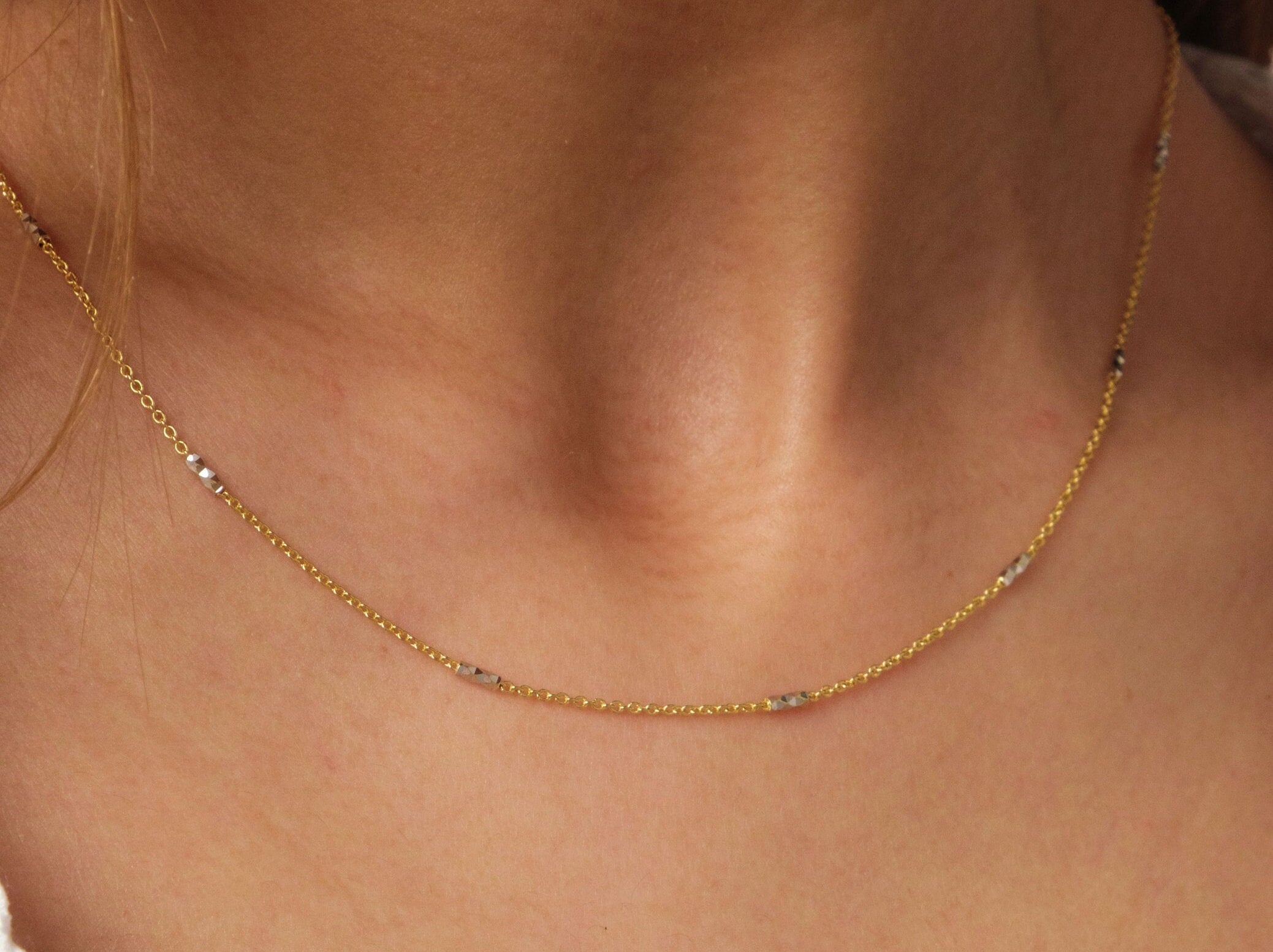 14K Gold Two Tone Chain Necklace, Tube Chain Choker, Cylinder Long Tube Chain, Christening, Chunky Chain Rolo, Two-Tone Necklace