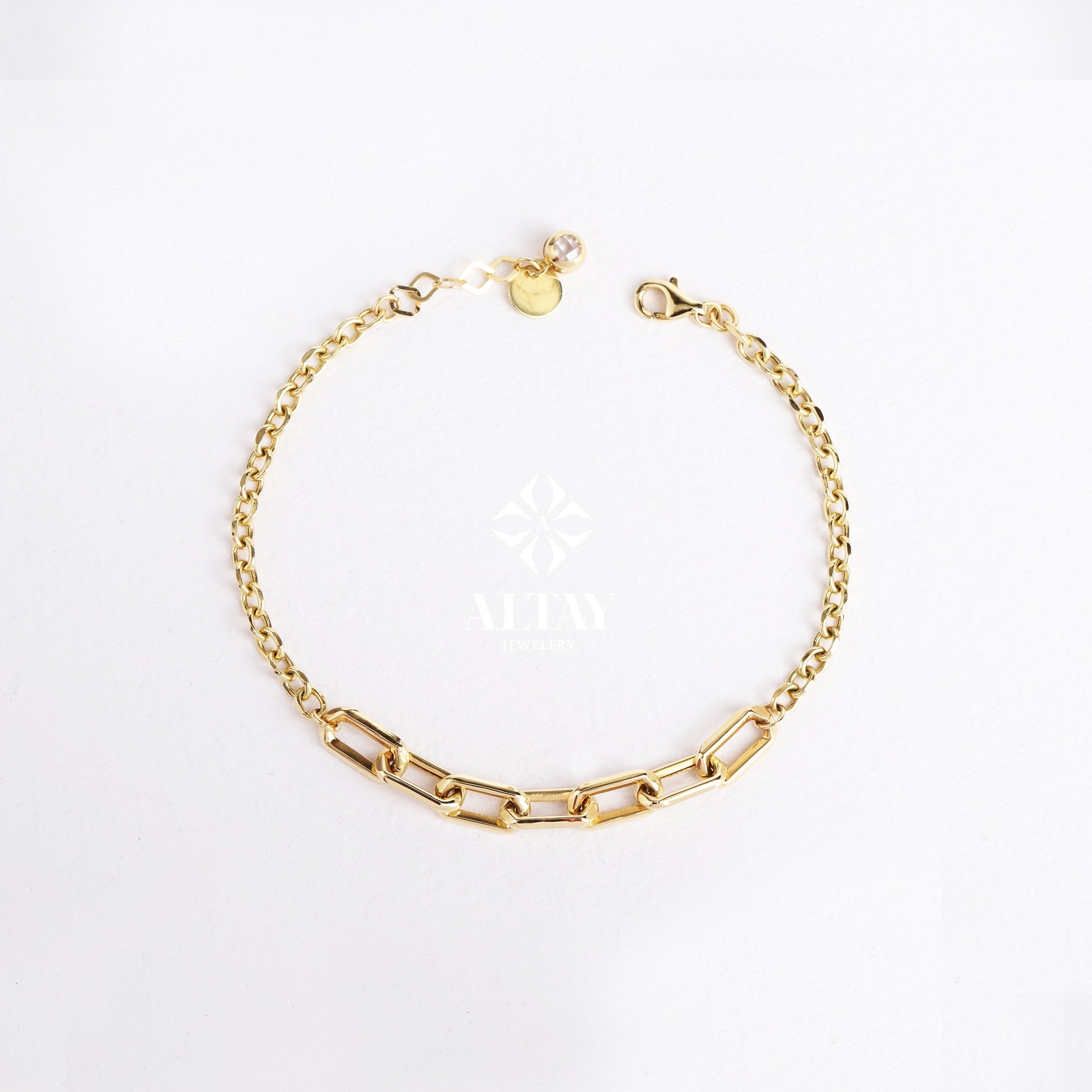 14K Gold Paperclip Rolo Chain Bracelet, Rectangle Paper Clip Chain, Gold Thick Flat Oval Link, Round Rolo Gold Link, Women Men Gold Bracelet