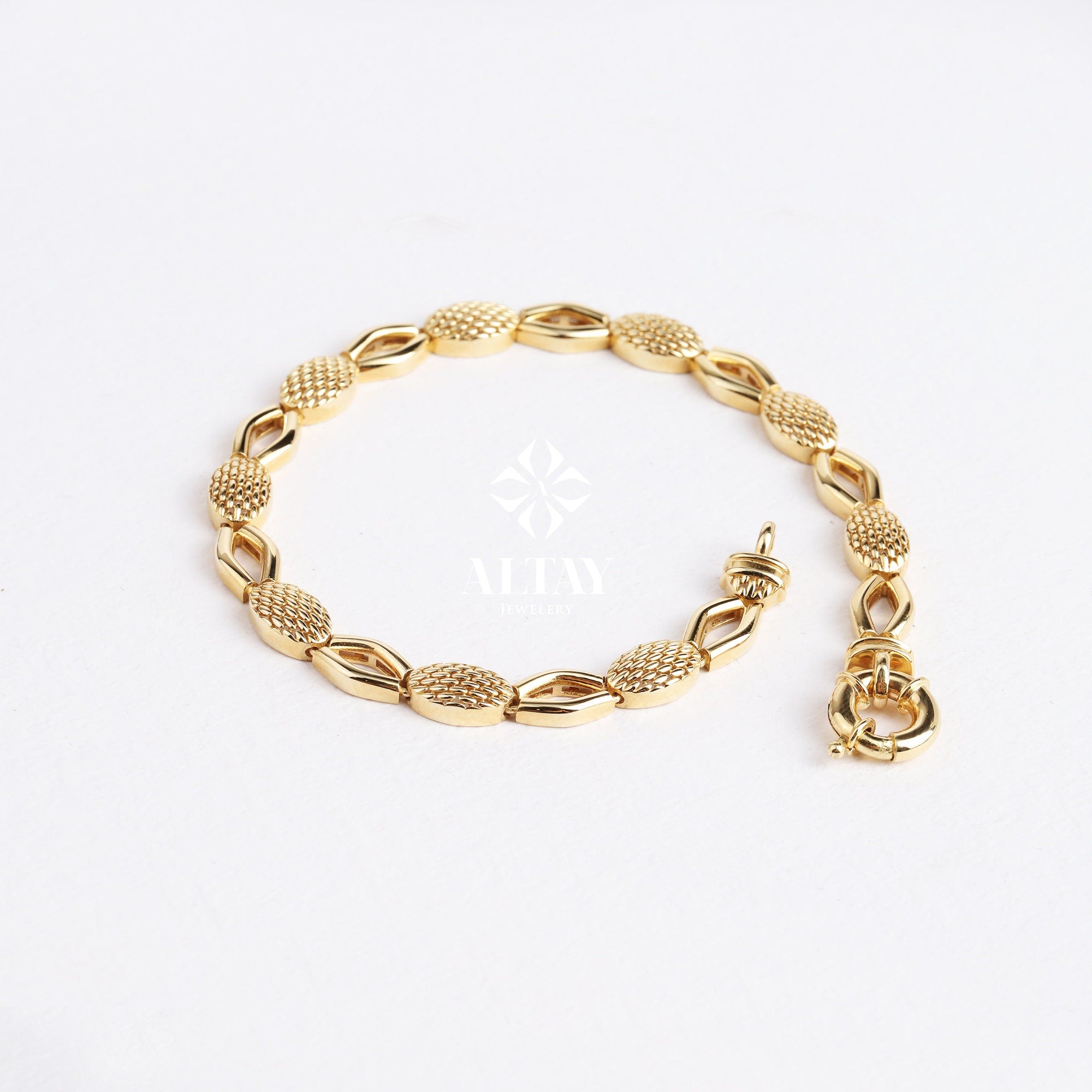 14K Gold Textured Oval Paperclip Chain, Snake Pattern Rolo Chain Bracelet, Textured Thick Oval Link, Unique Link, Women Men Gold Bracelet