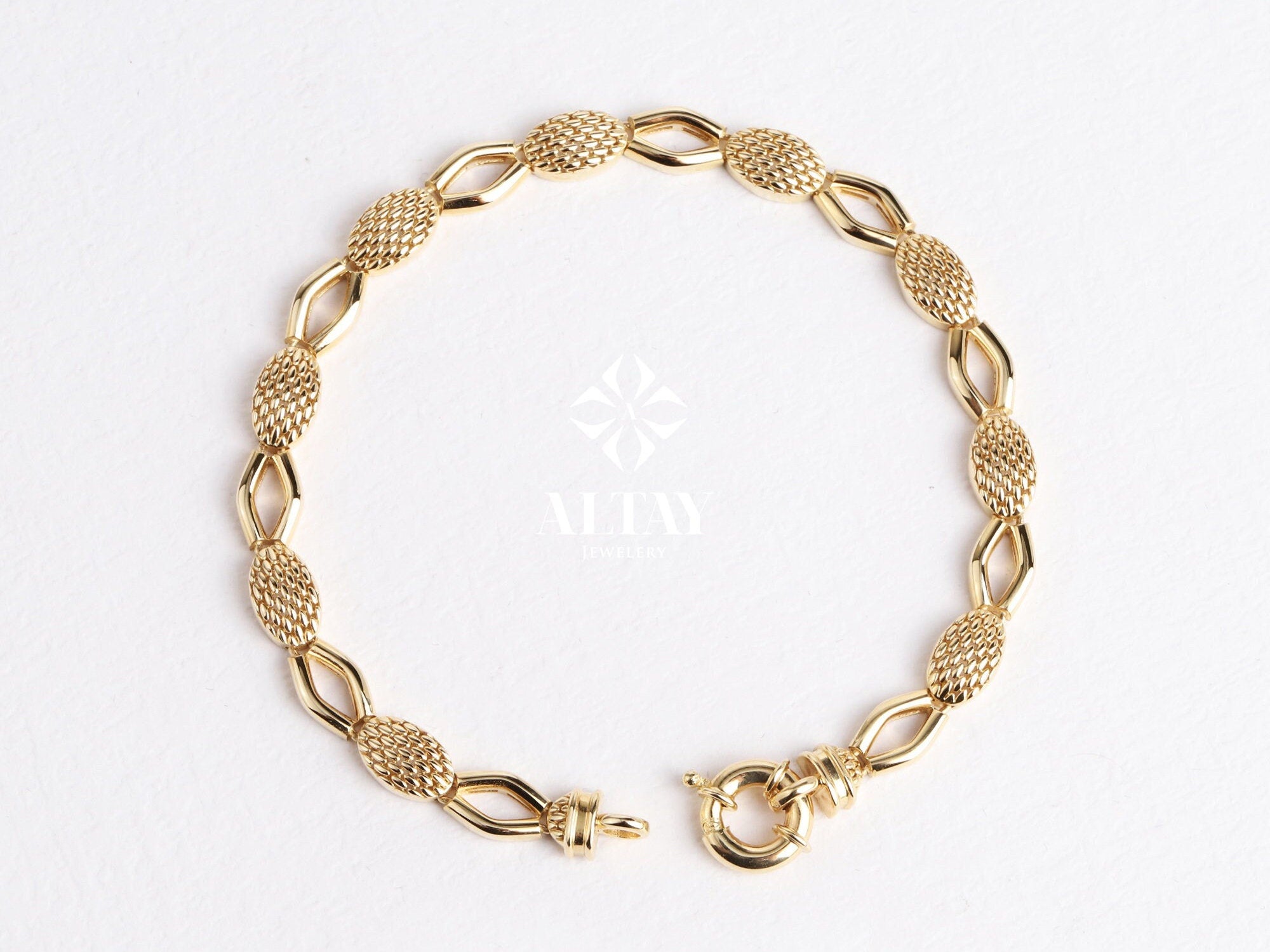 14K Gold Textured Oval Paperclip Chain, Snake Pattern Rolo Chain Bracelet, Textured Thick Oval Link, Unique Link, Women Men Gold Bracelet