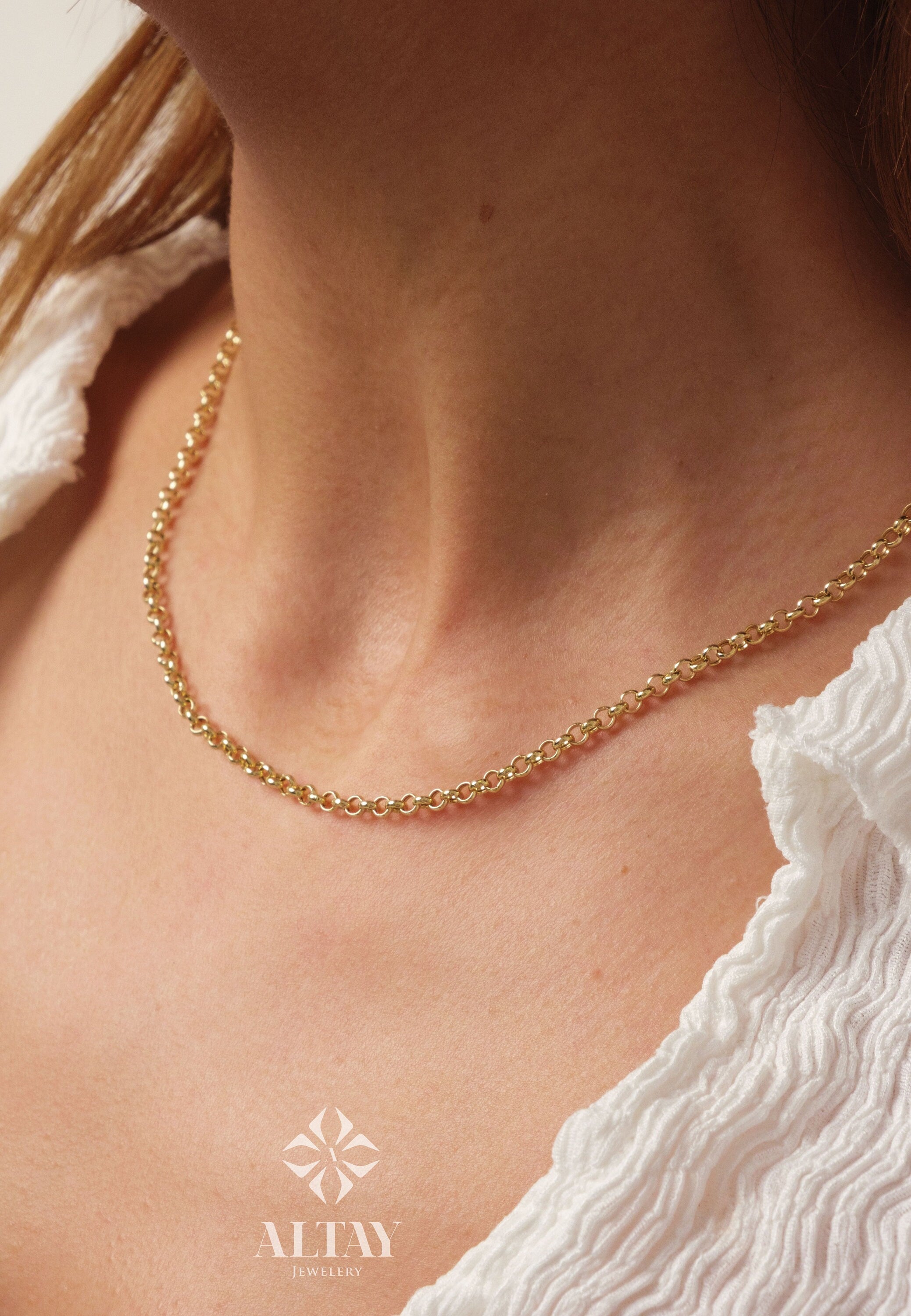 14K Gold Rolo Chain Necklace, 3mm Gold Link Belcher Chain Choker, Round Link Charm Necklace, Minimal Delicate Round Necklace, Woman, Men