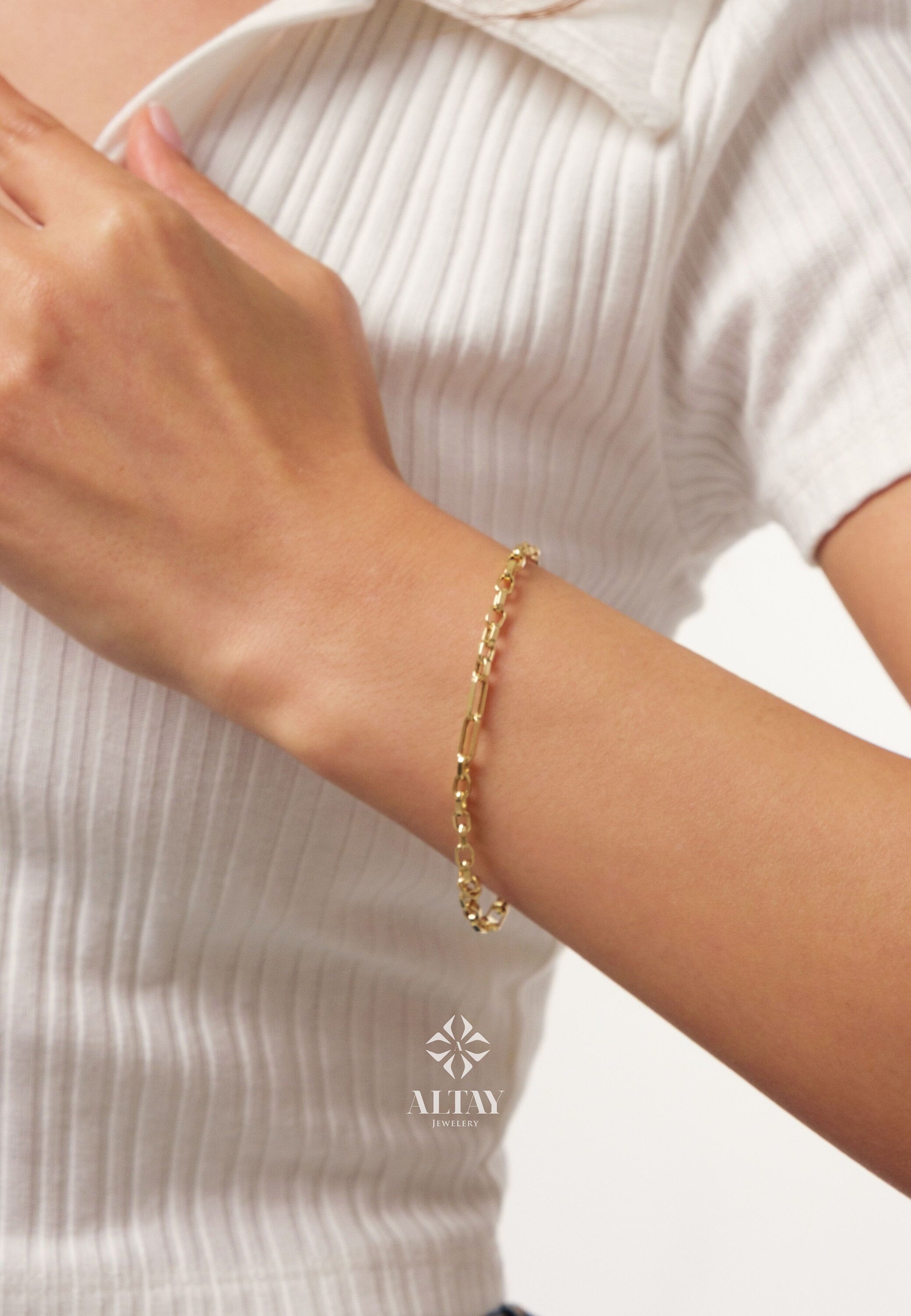 14K Gold Paperclip Chain Bracelet, 3mm Rectangle Paper Clip Chain, Thick Square Box Link, Square Rolo Gold Link, Woman Man Gold Bracelet