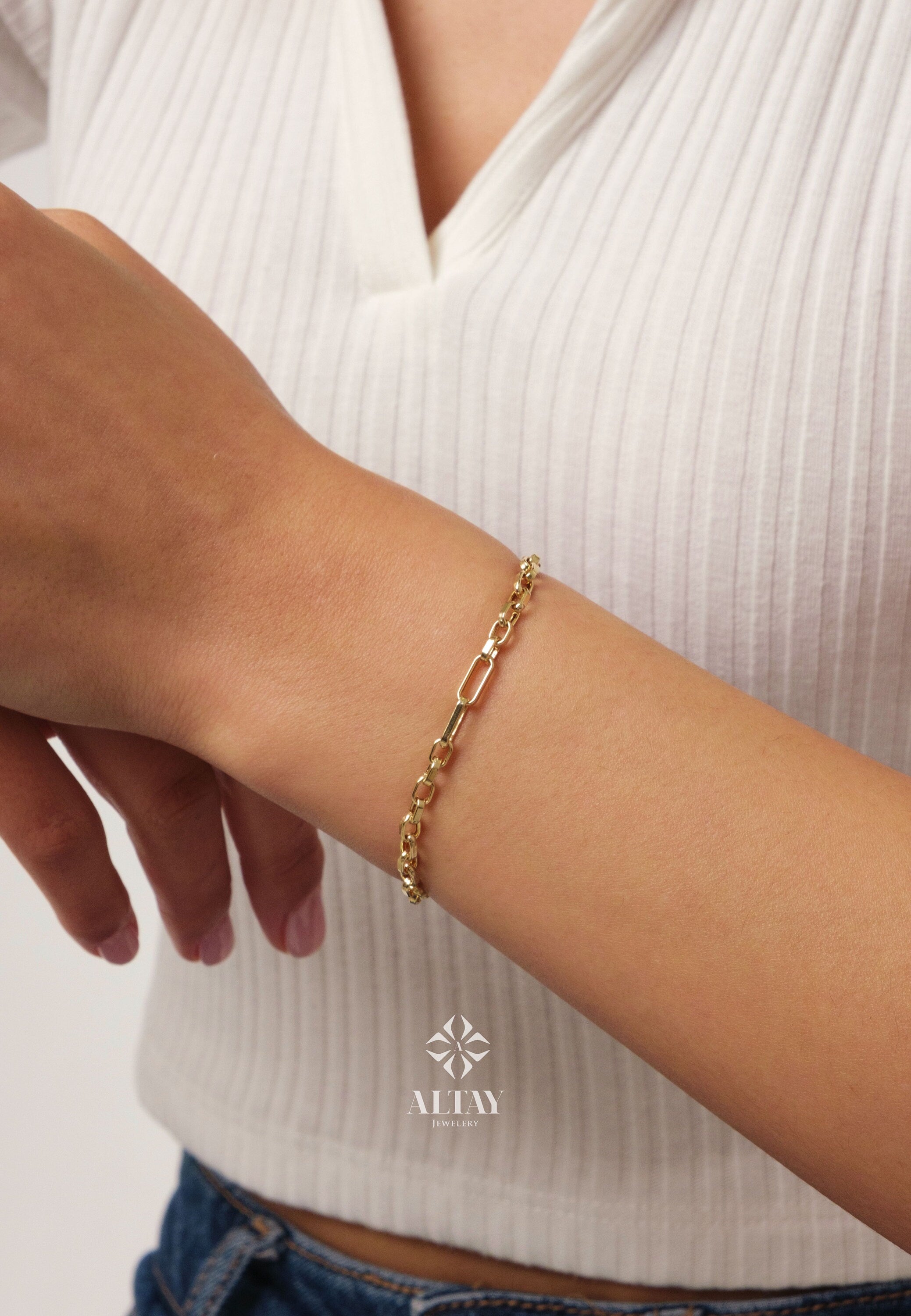 14K Gold Paperclip Chain Bracelet, 3mm Rectangle Paper Clip Chain, Thick Square Box Link, Square Rolo Gold Link, Woman Man Gold Bracelet