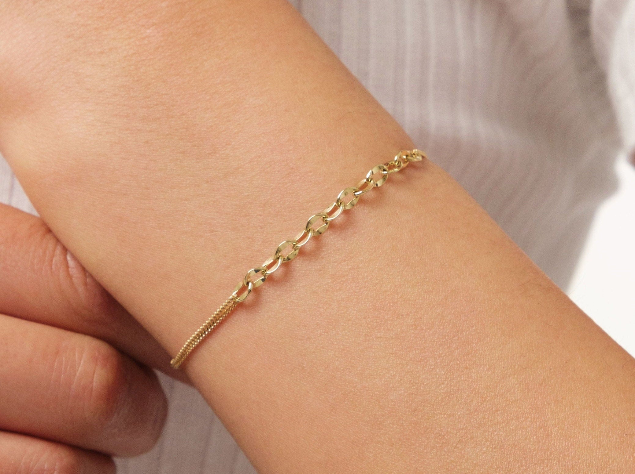 14K Gold Oval Chain Bracelet, 1.1mm Cuban Chain Bracelet, Sparkle Chain Bracelet, Half Paperclip Bracelet, Minimalist Stacking Bracelet