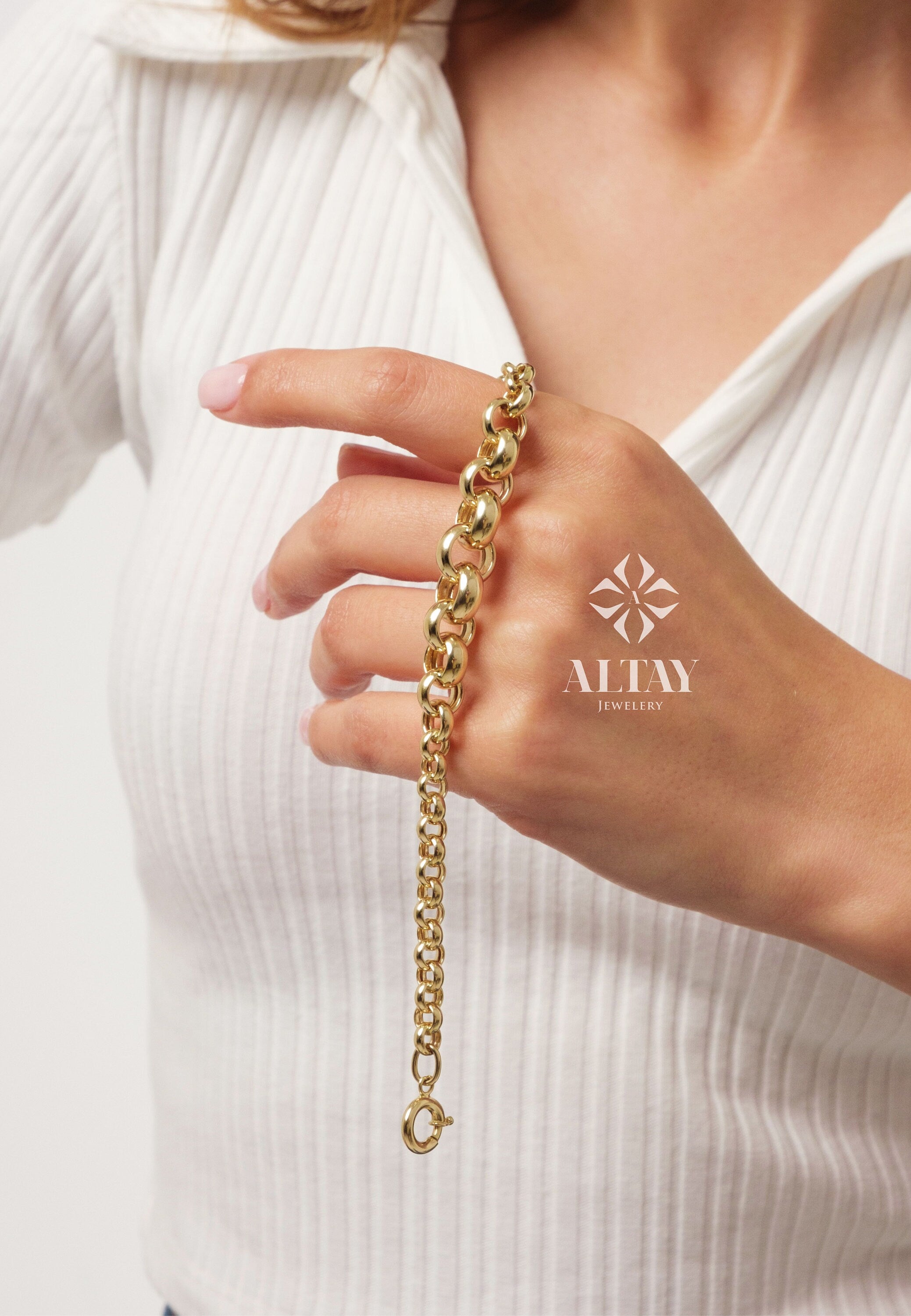 14K Gold Rolo Chain Bracelet, 10mm Round Paperclip Chain, Gold Thick Shiny Round Link, Rolo Gold Link, Woman Man Gold Stacking Bracelet