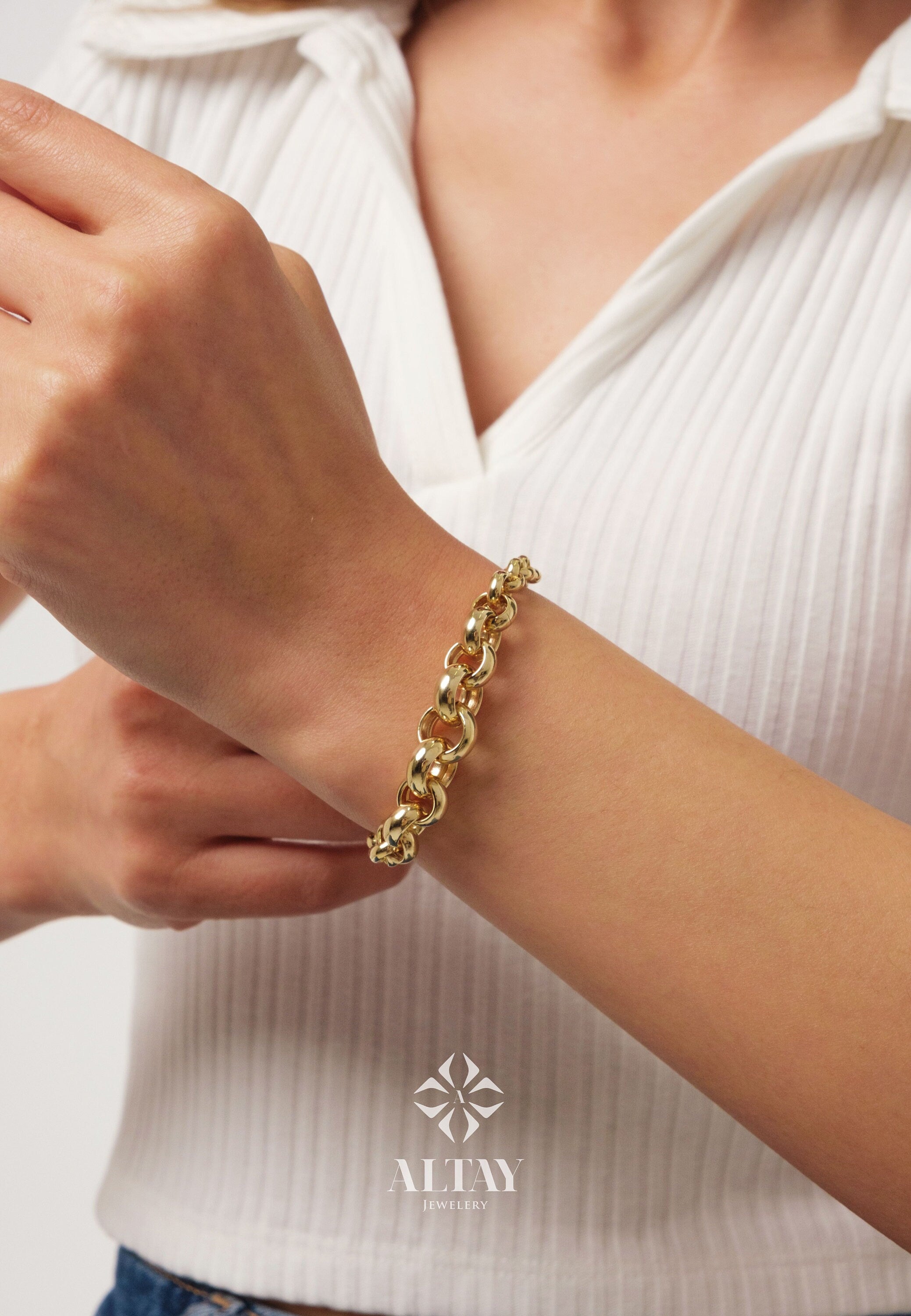 14K Gold Rolo Chain Bracelet, 10mm Round Paperclip Chain, Gold Thick Shiny Round Link, Rolo Gold Link, Woman Man Gold Stacking Bracelet
