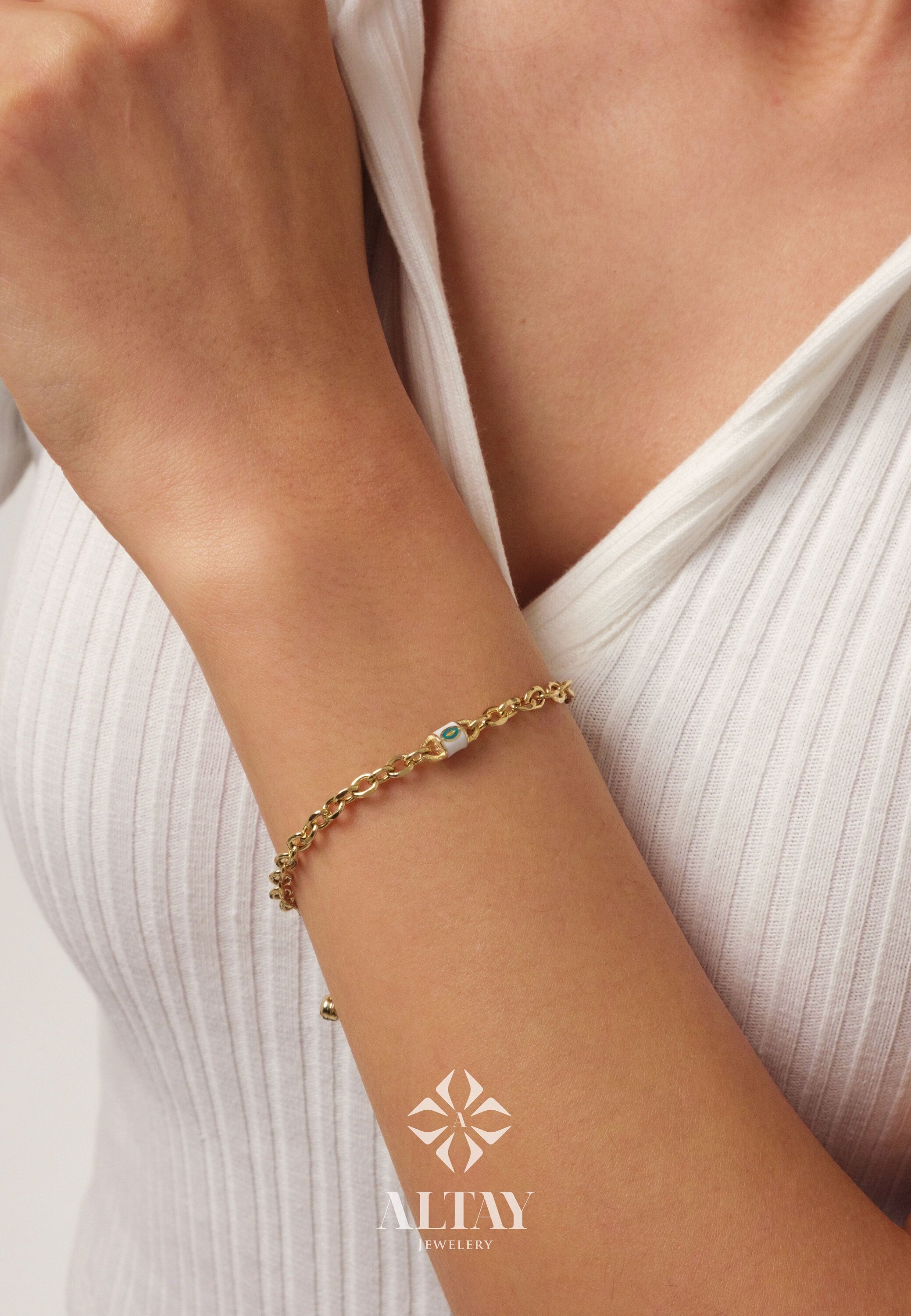 14K Gold Paperclip Rolo Chain Bracelet, Turquoise White Charm, Oval Rectangle Paperclip Chain, Gold Thick Flat Link, Woman Man Gold Bracelet