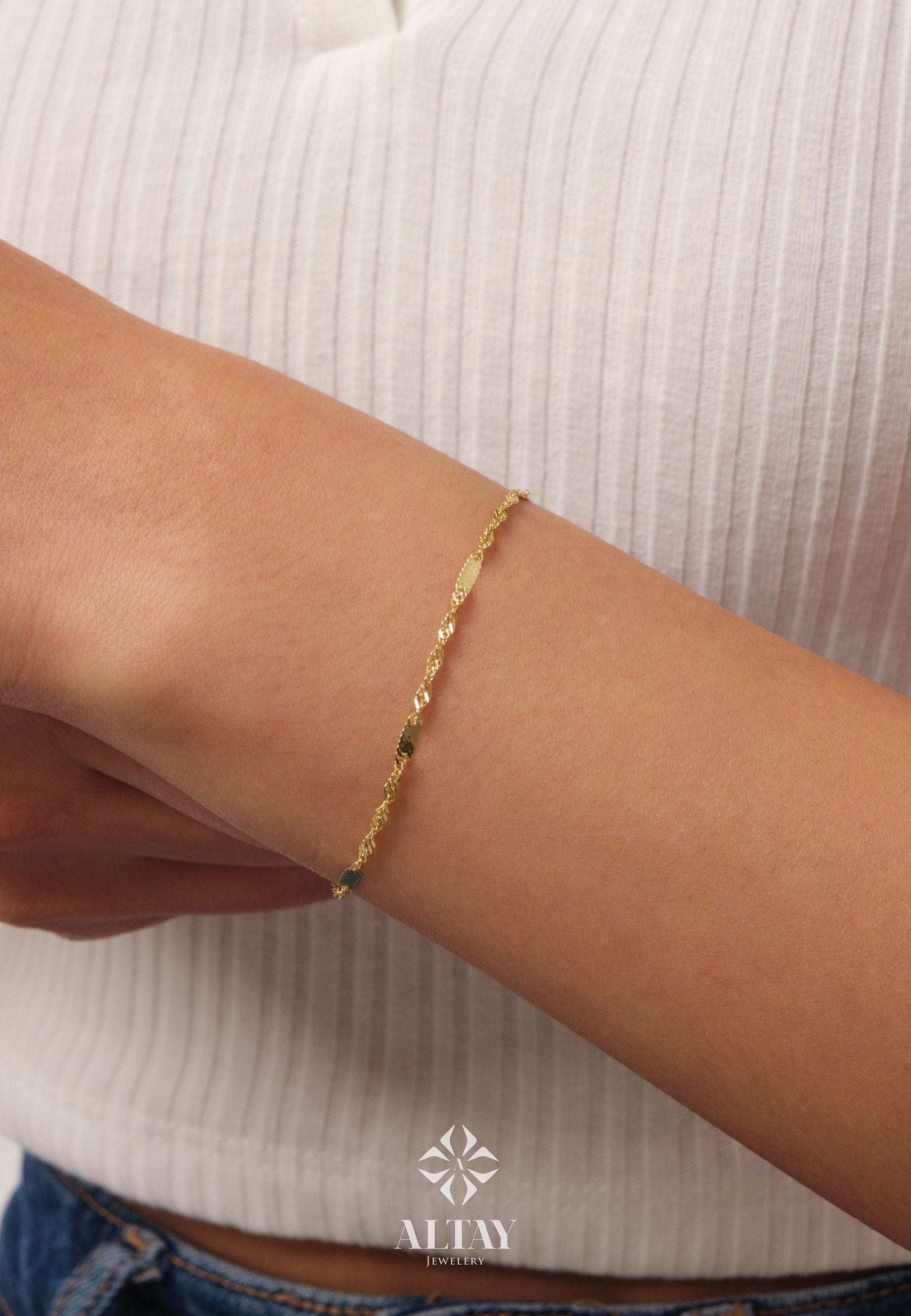 14K Gold Singapore Chain Bracelet, 2MM Singapore Twist Chain Bracelet, Singapore Rope Glitter Chain, Sparkle Sequin Layering Bracelet