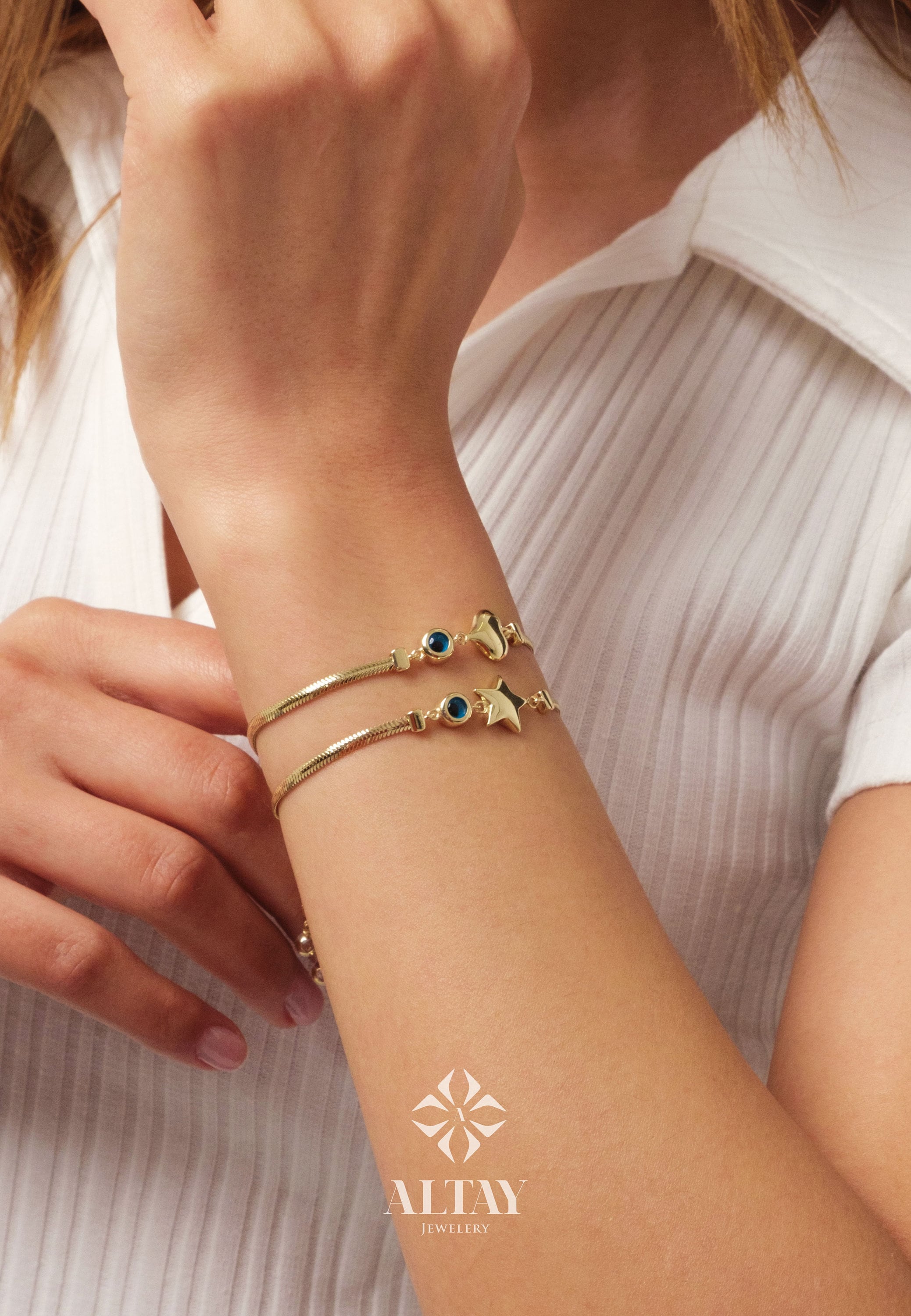 14K Gold Snake Chain Heart Star Bracelet, 2.5mm Herringbone Bracelet, Puffy Heart Gold Charm Bracelet, Handmade Evil Eye Star Bracelet