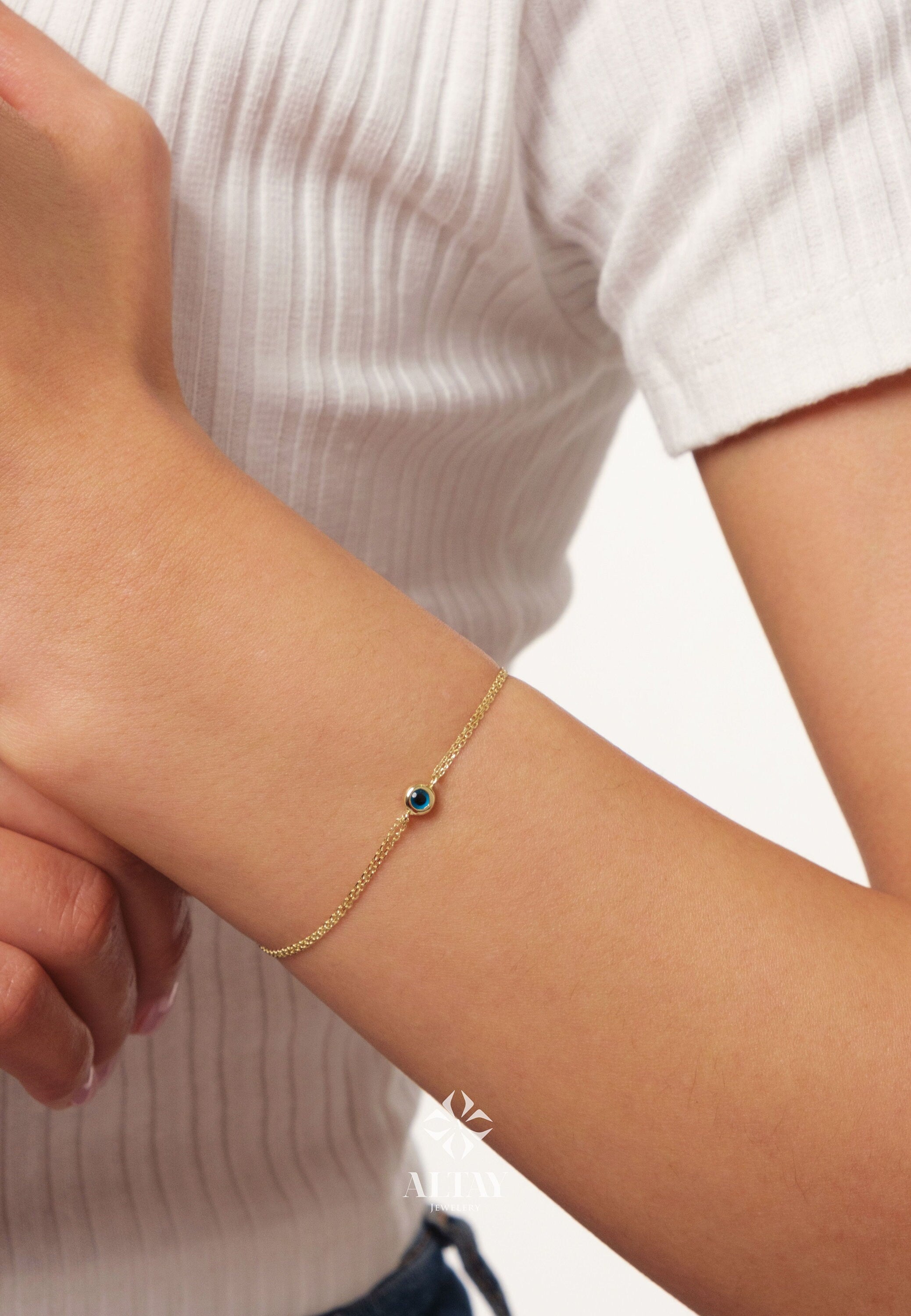 14K Gold Evil Eye Bracelet, Evil Eye Charm Bracelet, Gold Cable Chain Bracelet, Minimalist Everyday Protective Jewelry, Gift For Her