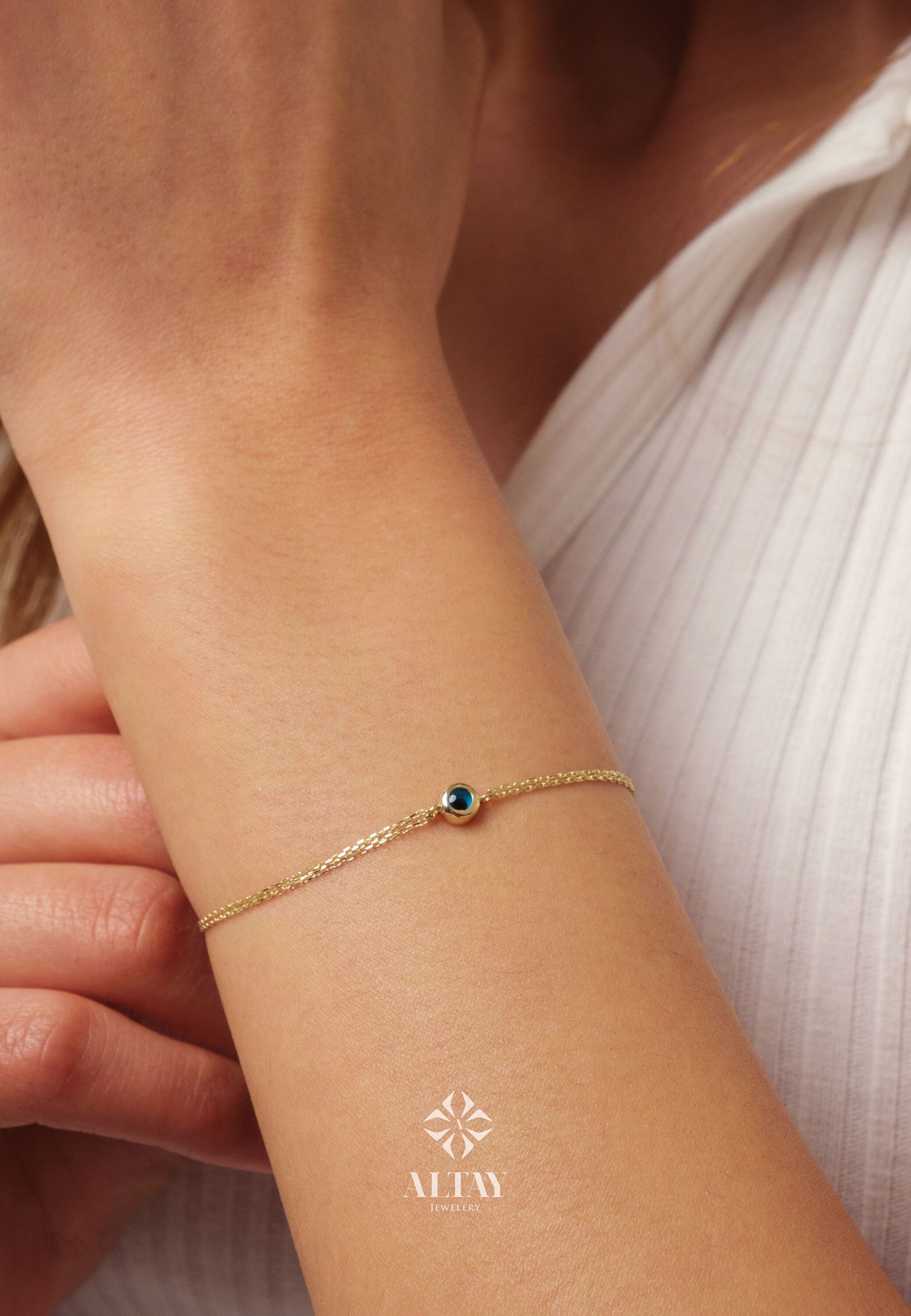14K Gold Evil Eye Bracelet, Evil Eye Charm Bracelet, Gold Cable Chain Bracelet, Minimalist Everyday Protective Jewelry, Gift For Her