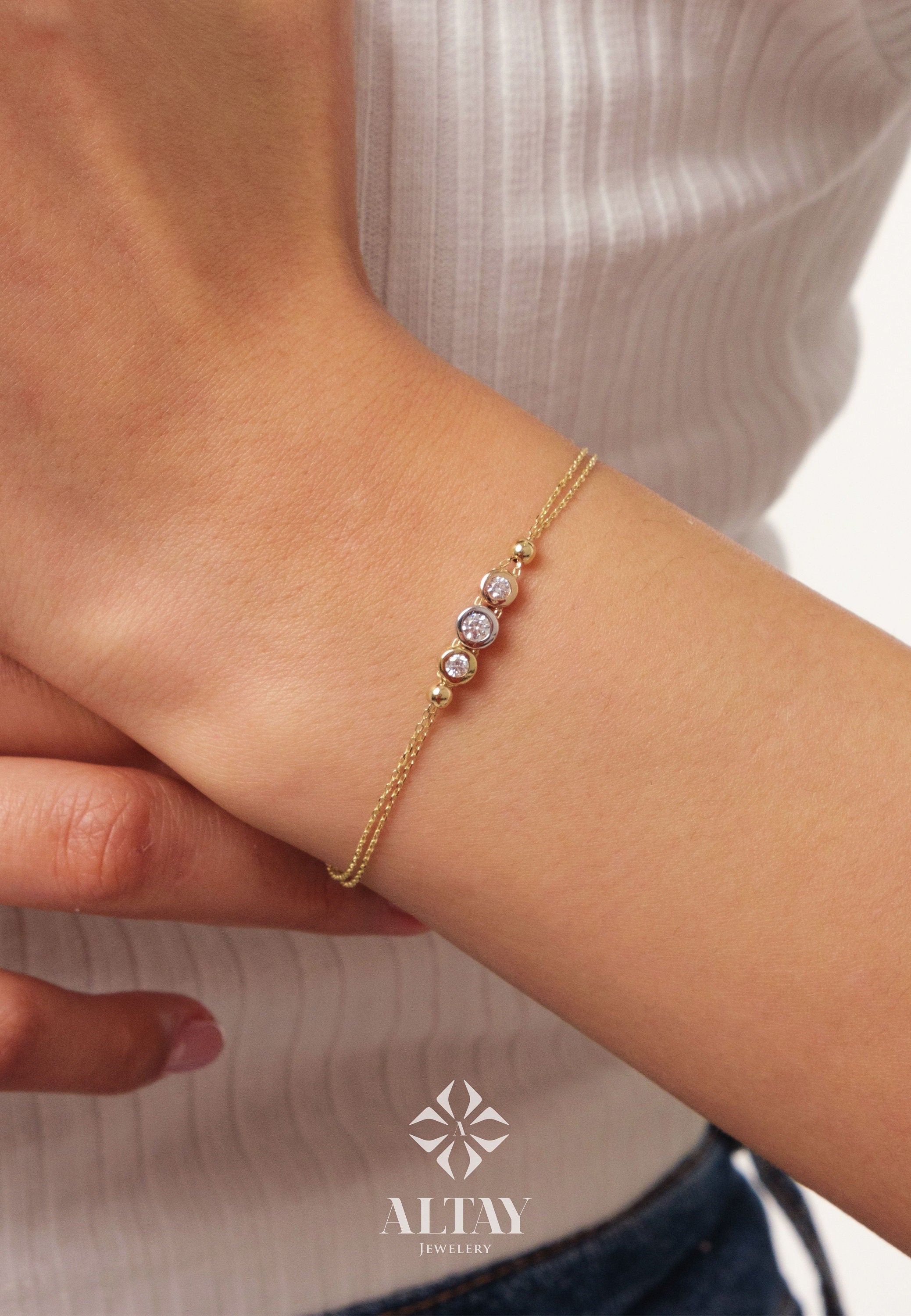 14K Gold Trio Bezel Diamond Bracelet, Three Stone Diamond Bracelet, Dainty Gold Bracelet, Bracelets for Women, Memorial Day Sale