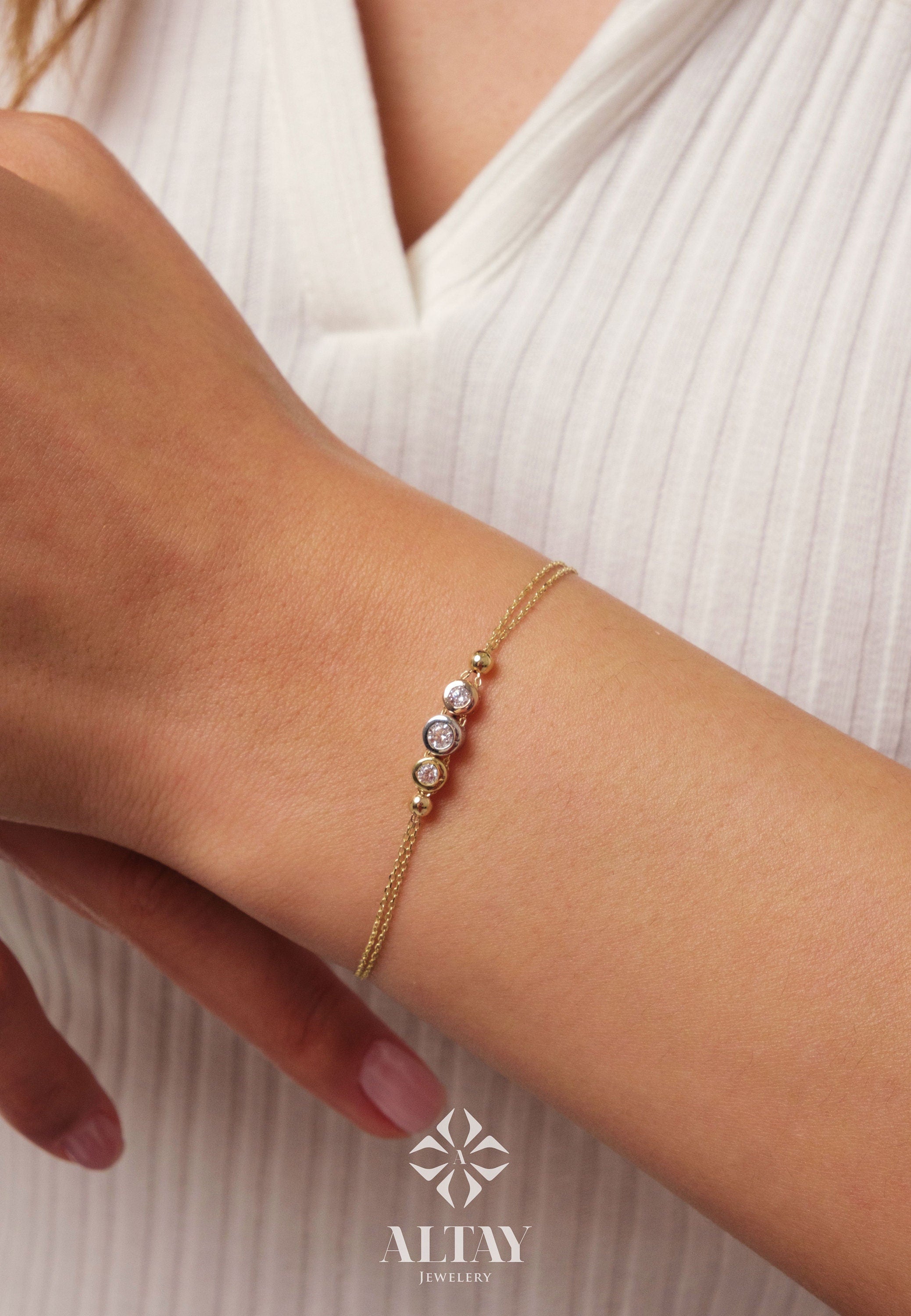 14K Gold Trio Bezel Diamond Bracelet, Three Stone Diamond Bracelet, Dainty Gold Bracelet, Bracelets for Women, Memorial Day Sale