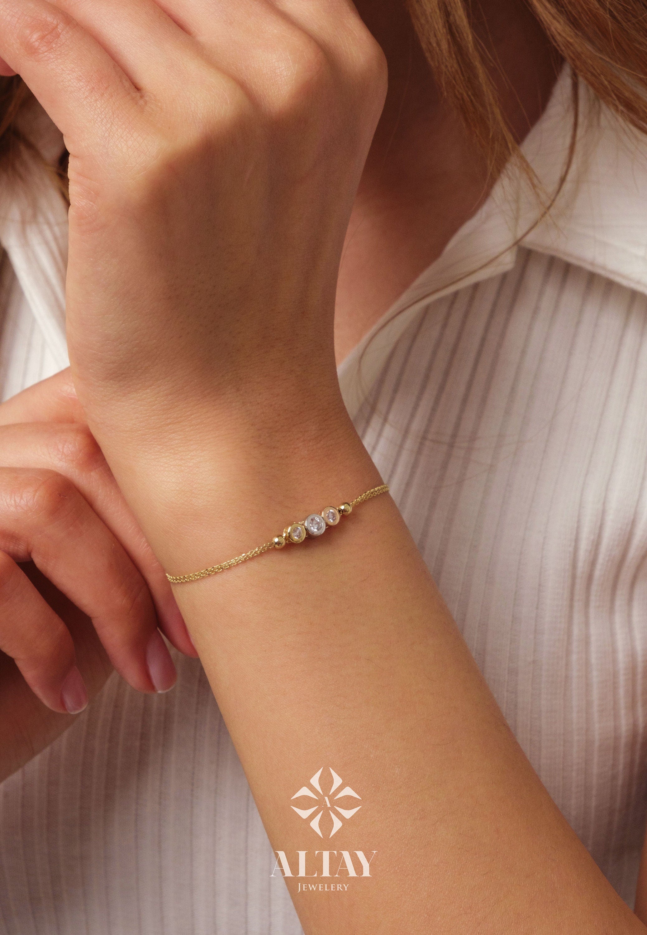 14K Gold Trio Bezel Diamond Bracelet, Three Stone Diamond Bracelet, Dainty Gold Bracelet, Bracelets for Women, Memorial Day Sale