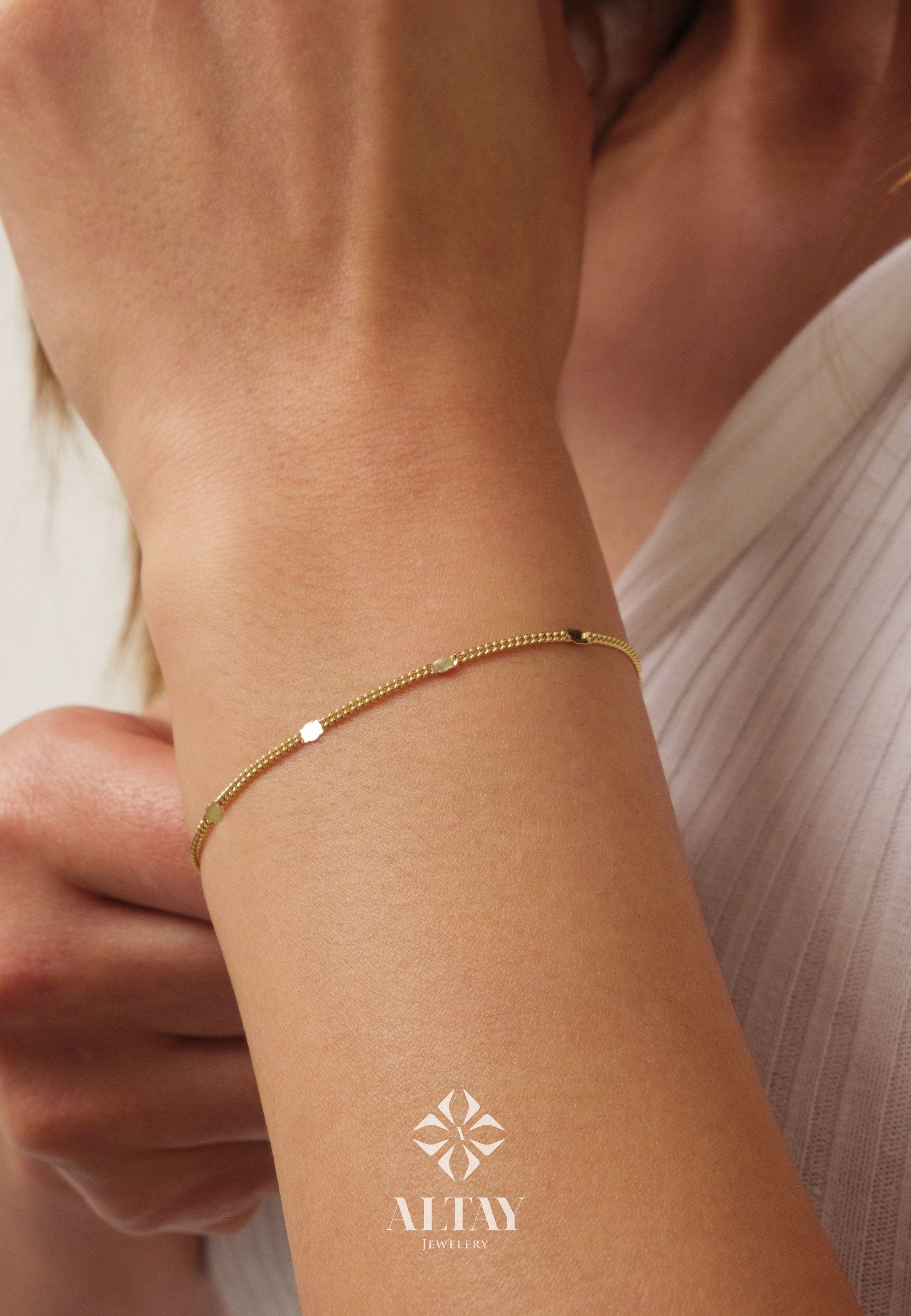 14K Gold Cuban Station Bracelet, 2mm Cuban Coin Chain Bracelet, Sparkle Thin Lace Charms, Delicate Mirror Curb Glitter Anklet, Gift For Her