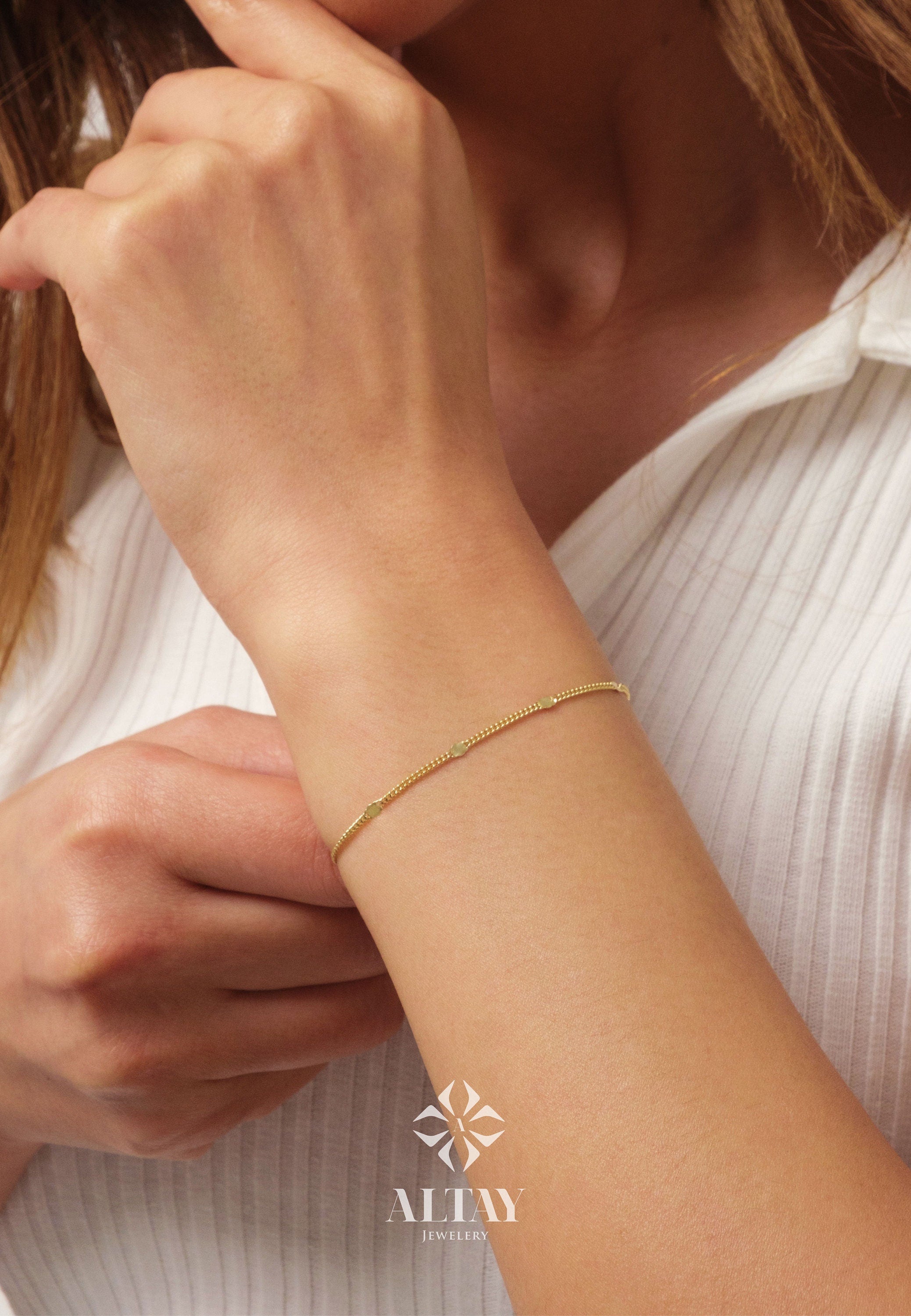 14K Gold Cuban Station Bracelet, 2mm Cuban Coin Chain Bracelet, Sparkle Thin Lace Charms, Delicate Mirror Curb Glitter Anklet, Gift For Her