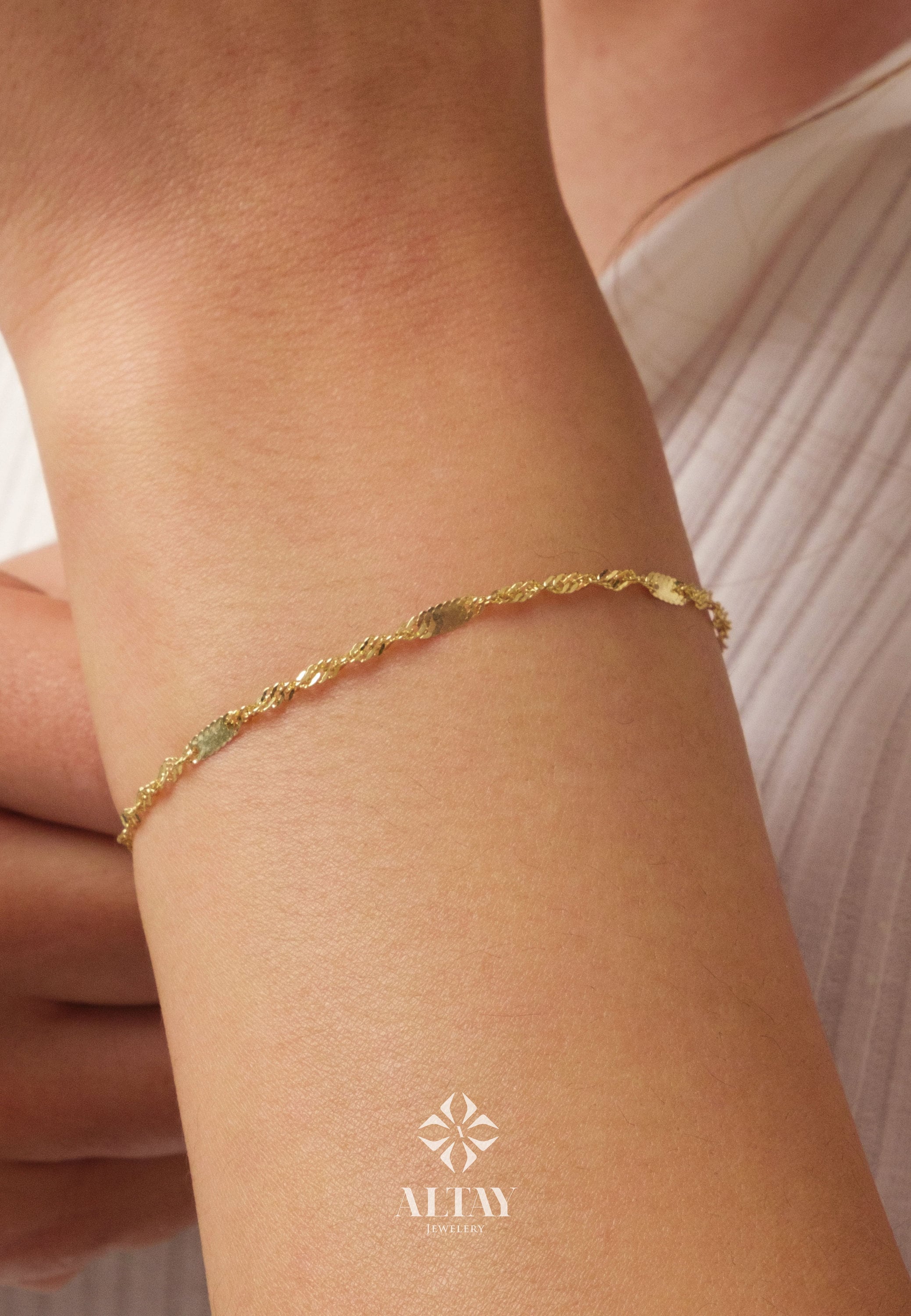 14K Gold Singapore Chain Bracelet, 2MM Singapore Twist Chain Bracelet, Singapore Rope Glitter Chain, Sparkle Sequin Layering Bracelet