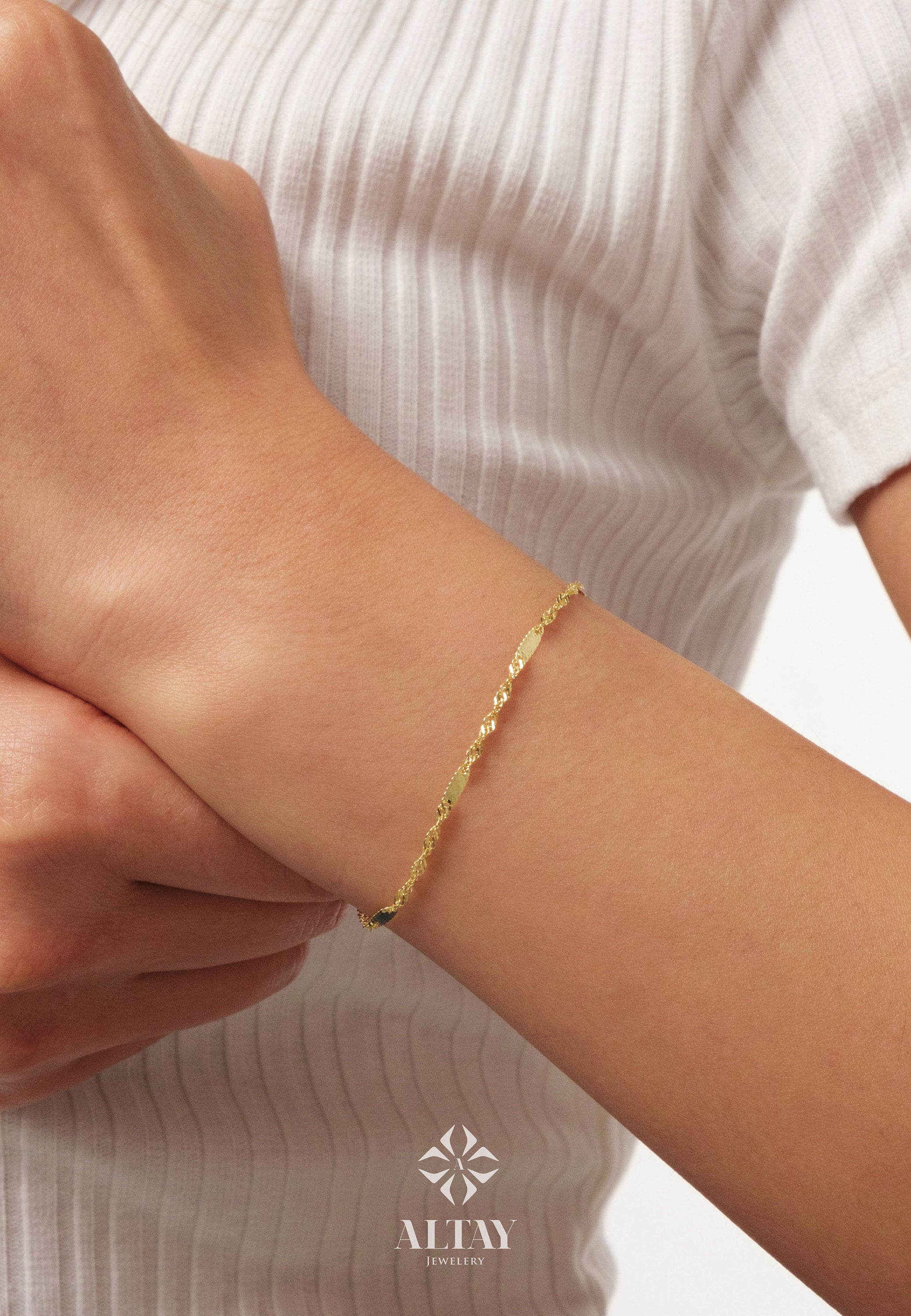 14K Gold Singapore Chain Bracelet, 2MM Singapore Twist Chain Bracelet, Singapore Rope Glitter Chain, Sparkle Sequin Layering Bracelet