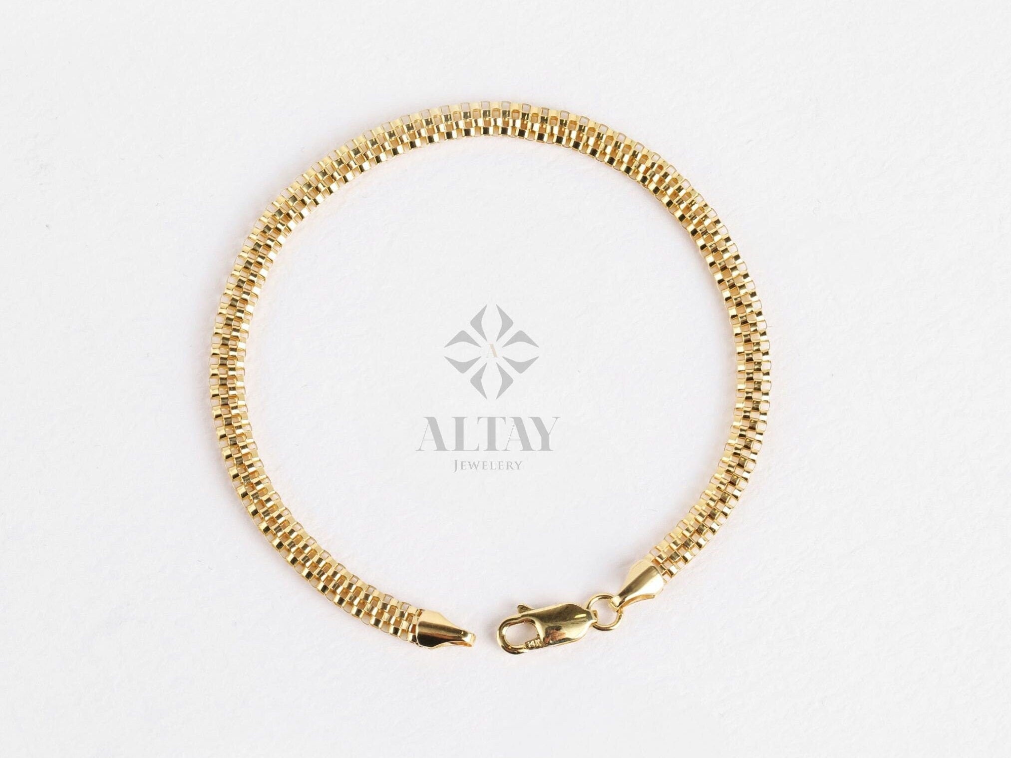 14K Gold Popcorn Bracelet, 4.5mm Curb Wrist Chain, Gold Herringbone Stack Link Chain, Braided Bismark Chain Bracelet, Valentine's Day Gift