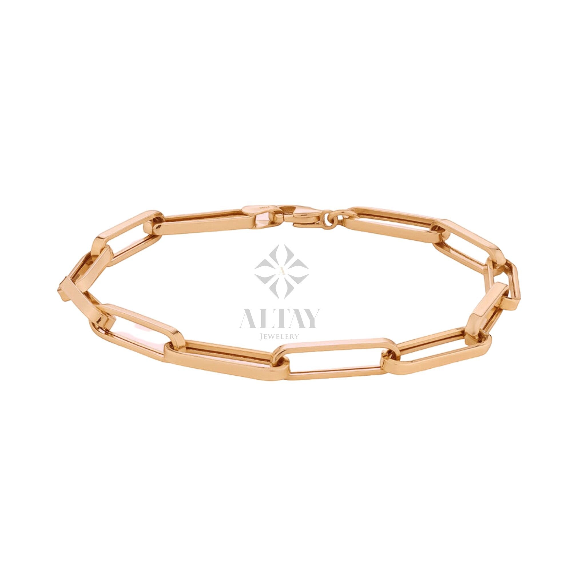 14K Solid Gold Paperclip Chain Bracelet, Rectangle Long Chain, Chunky Chain Link Bracelet, Stacking Bracelets, Dainty Chain, Gift For Her