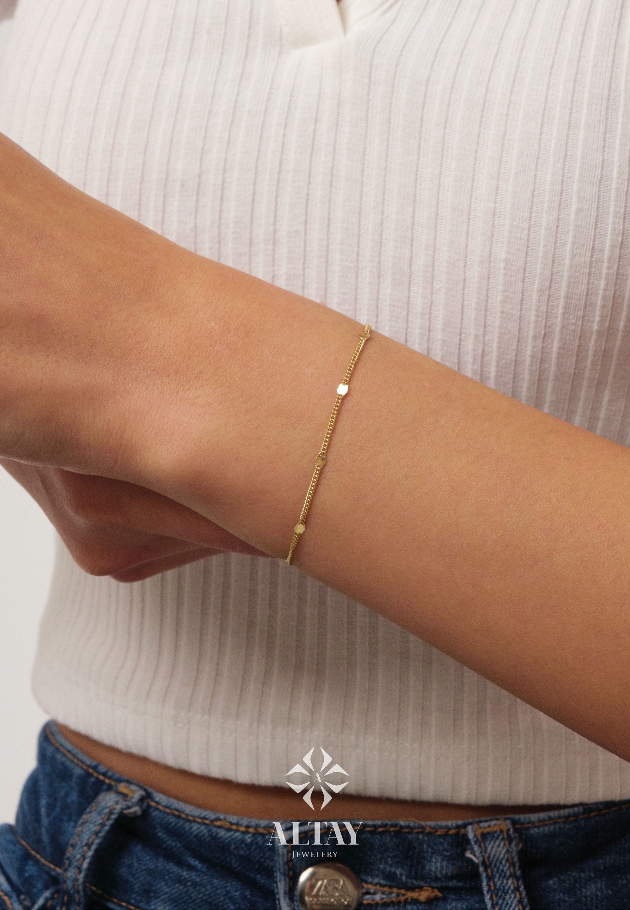 14K Gold Cuban Station Bracelet, 2mm Cuban Coin Chain Bracelet, Sparkle Thin Lace Charms, Delicate Mirror Curb Glitter Anklet, Gift For Her