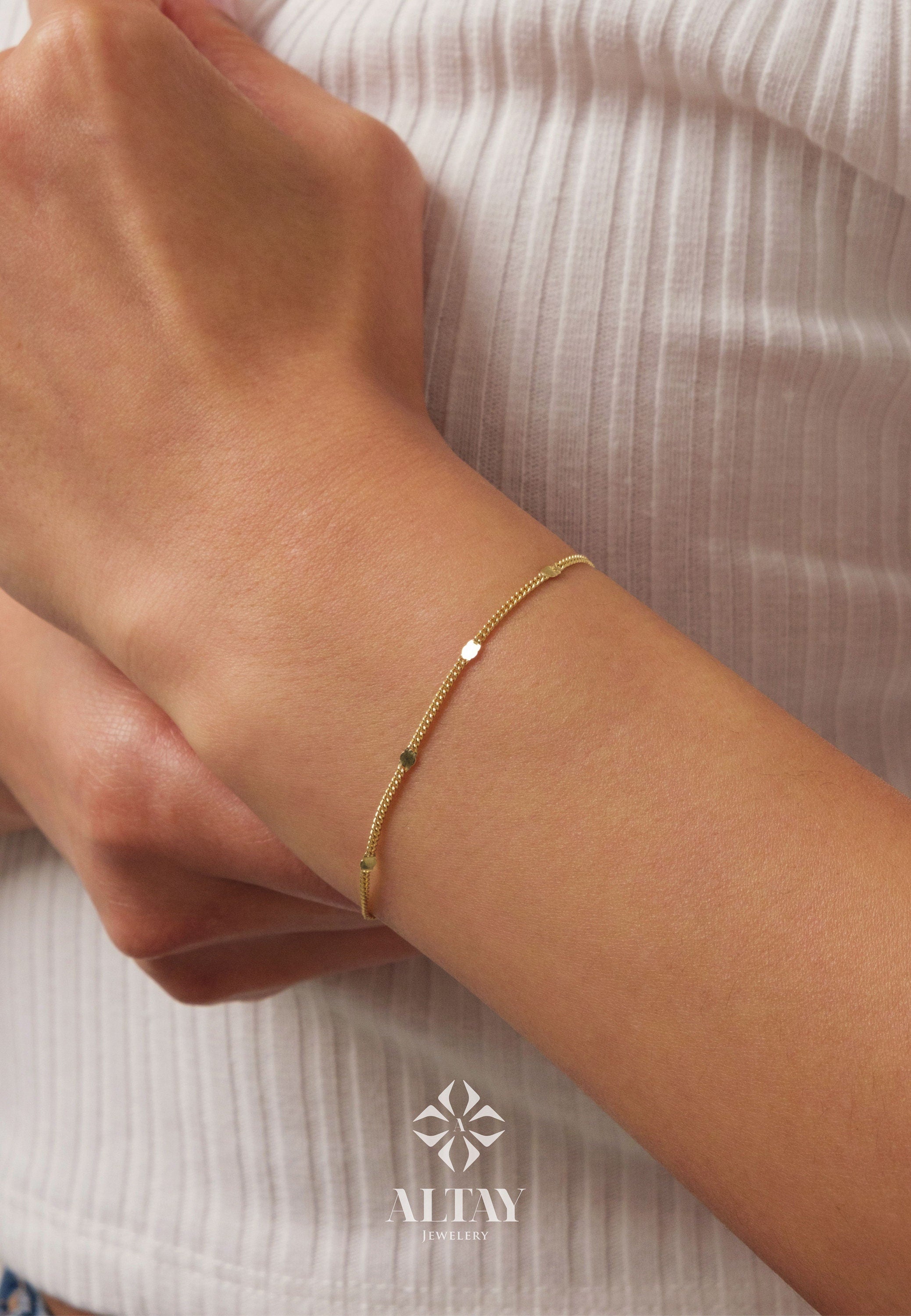 14K Gold Cuban Station Bracelet, 2mm Cuban Coin Chain Bracelet, Sparkle Thin Lace Charms, Delicate Mirror Curb Glitter Anklet, Gift For Her