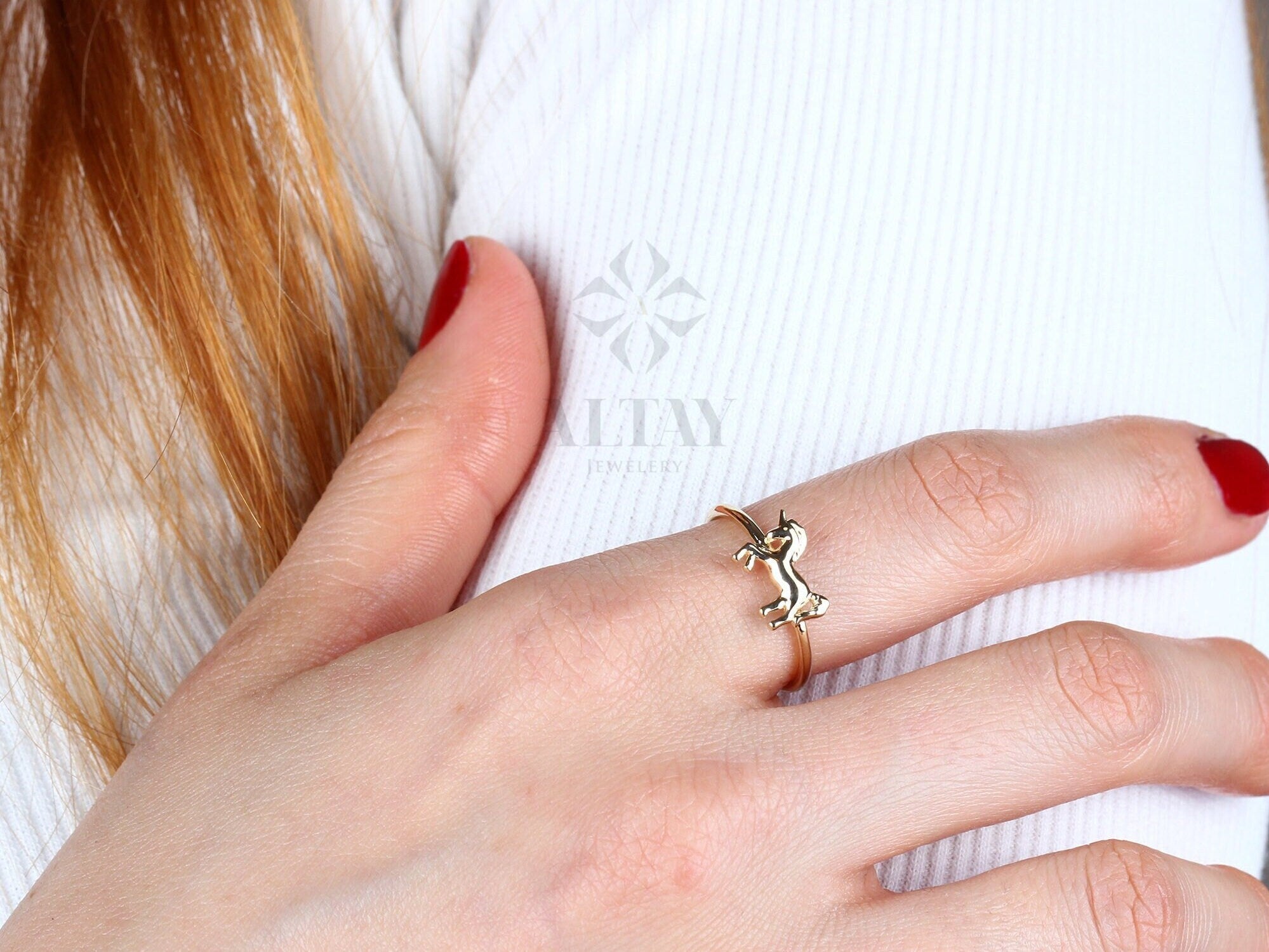 14K Solid Gold Unicorn Ring, Gold Horse Band, 14k Animal Gold Ring, Minimalist Ring, Thin Dainty Ring, Good Fortune Symbol, Gift for Her