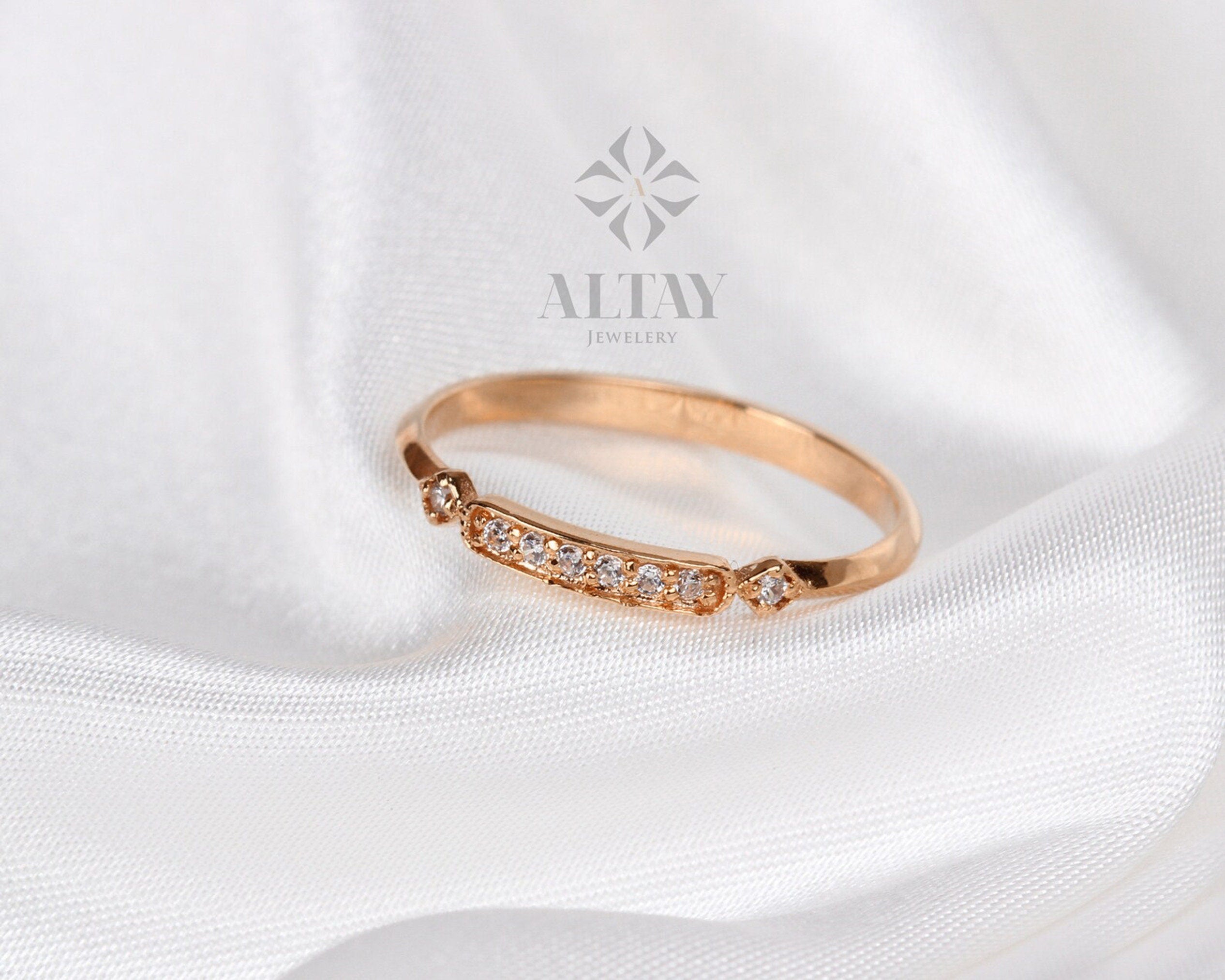 14K Gold Art Deco Wedding Band Ring, Princess Ring, Vintage Style Wedding, Half Eternity Bridal Ring, Cute Stacking Ring, Gold Promise Ring