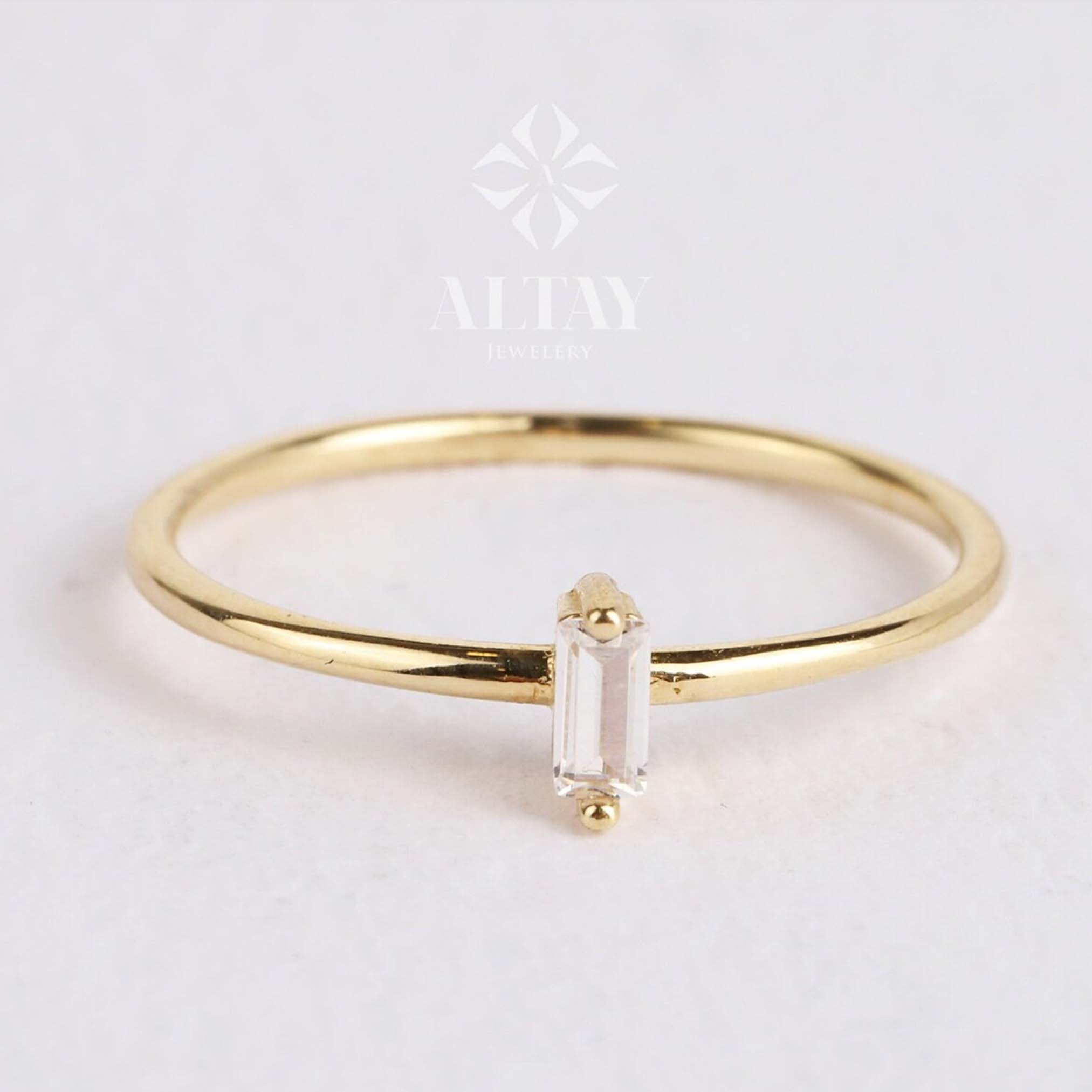 14K Gold Birthstone Baguette Ring, Custom Gemstone Ring, Personalized Solitaire Band, Solo Mothers Baguette Ring, Women Gemstone Ring