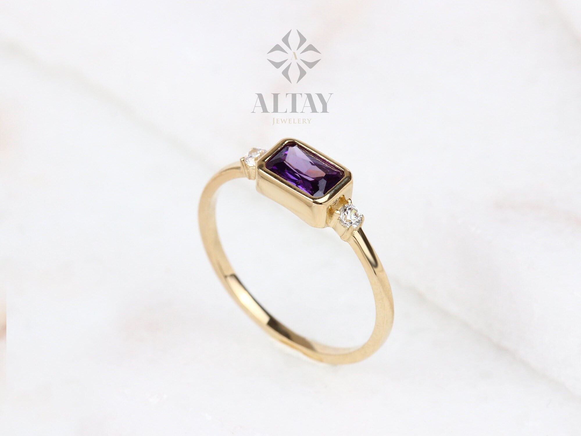 14K Gold Amethyst Ring, Baguette February Birthstone, Amethyst Wedding Band, Diamond Engagement Ring, Gold Purple Gemstone, Matching Band