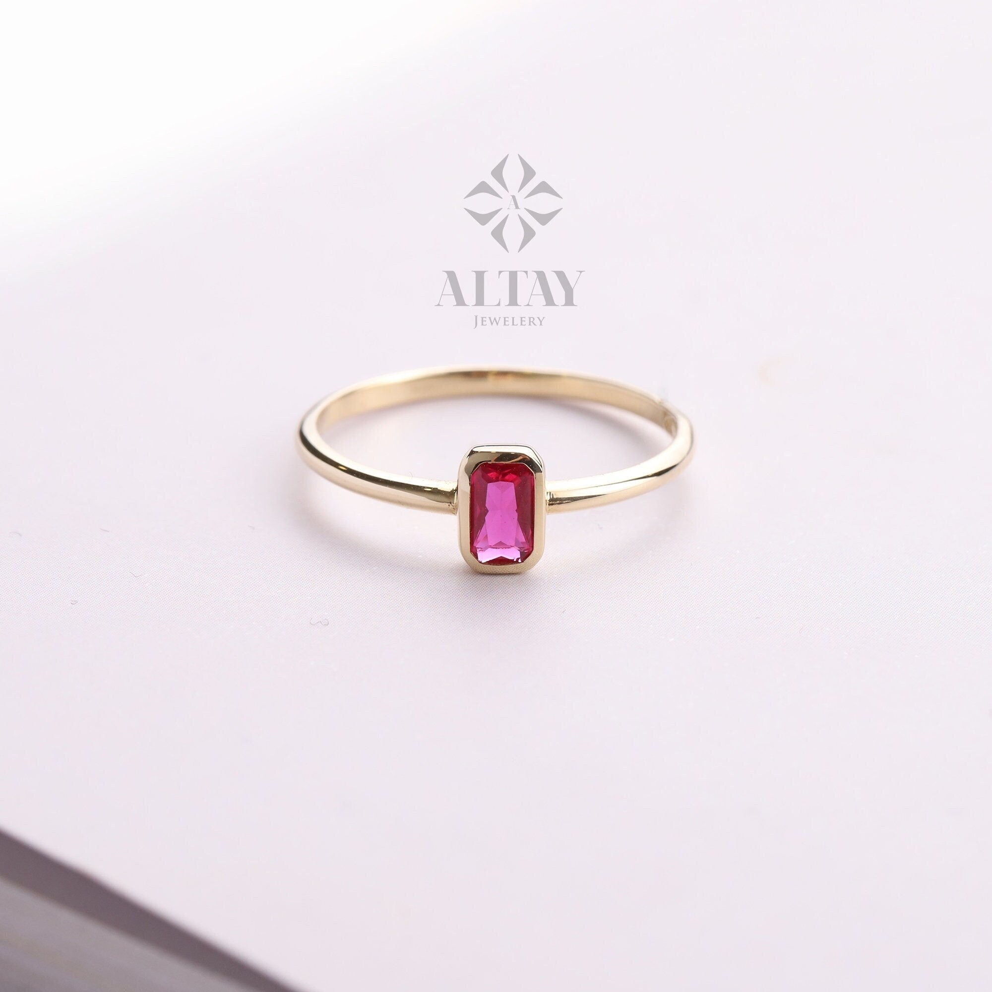 14K Gold Vintage Birthstone Ring, Baguette Gemstone, Personalized Solitaire Ring, Bezel Set Stone Ring, Elegant Gold Engagement Ring