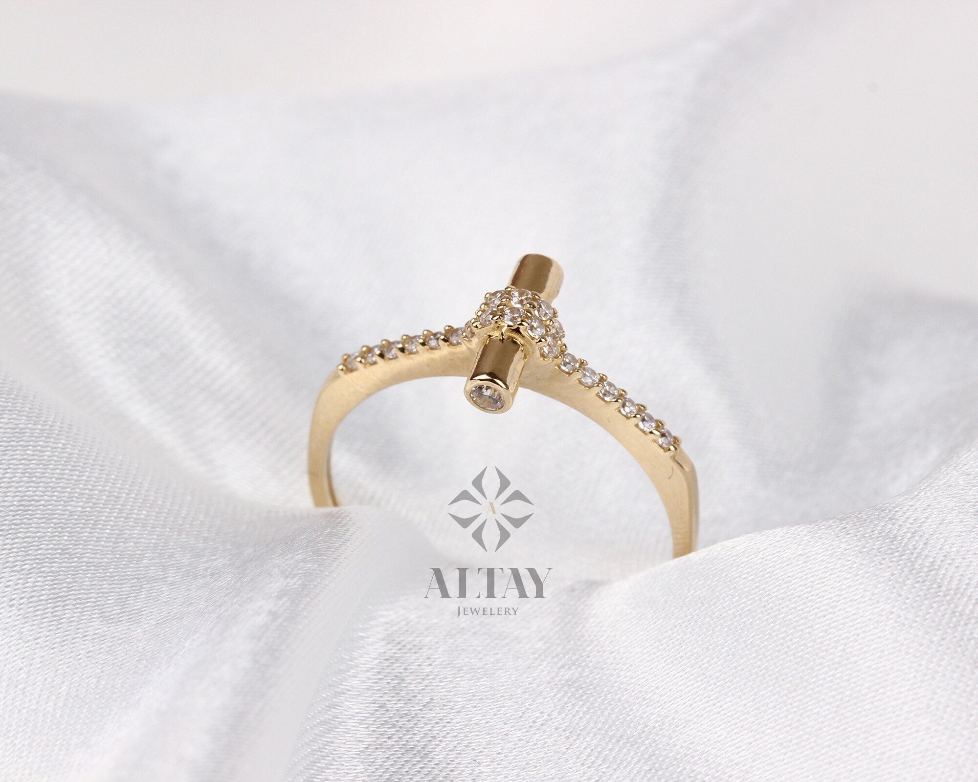 14K Gold Cylinder Bar Ring, Vertical Line Ring, Baguette T Bar, Rectangle Unique Ring, Stick Statement Ring, Stackable Band Ring