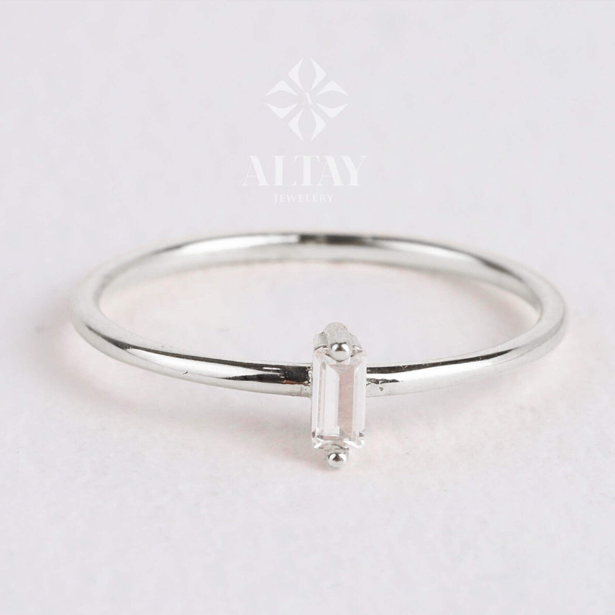 14K Gold Birthstone Baguette Ring, Custom Gemstone Ring, Personalized Solitaire Band, Solo Mothers Baguette Ring, Women Gemstone Ring