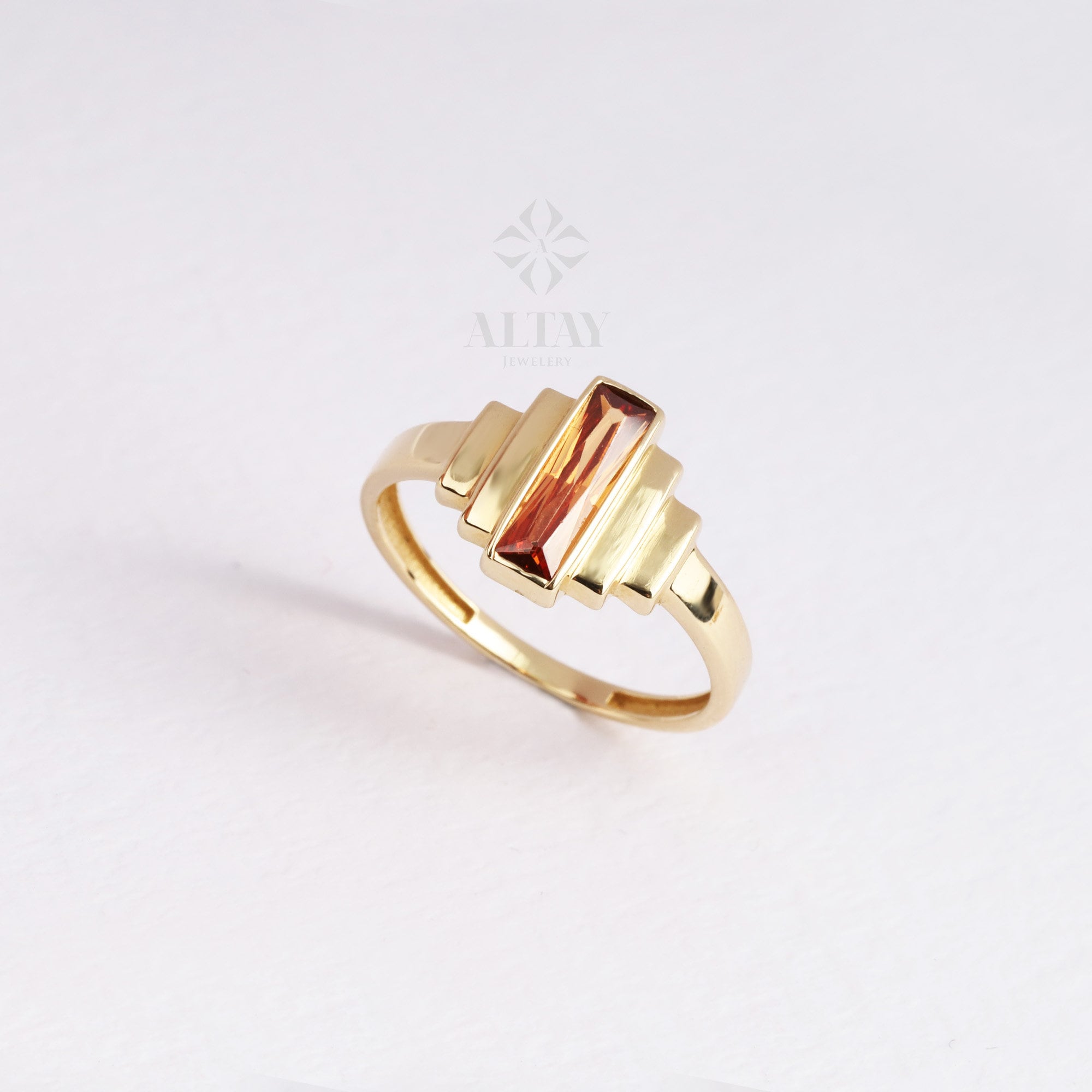 14K Gold Citrine Baguette Ring, Engagement Band Ring, Natural Gemstone, November Birthstone, Anniversary Ring, Stacking Gold Ring