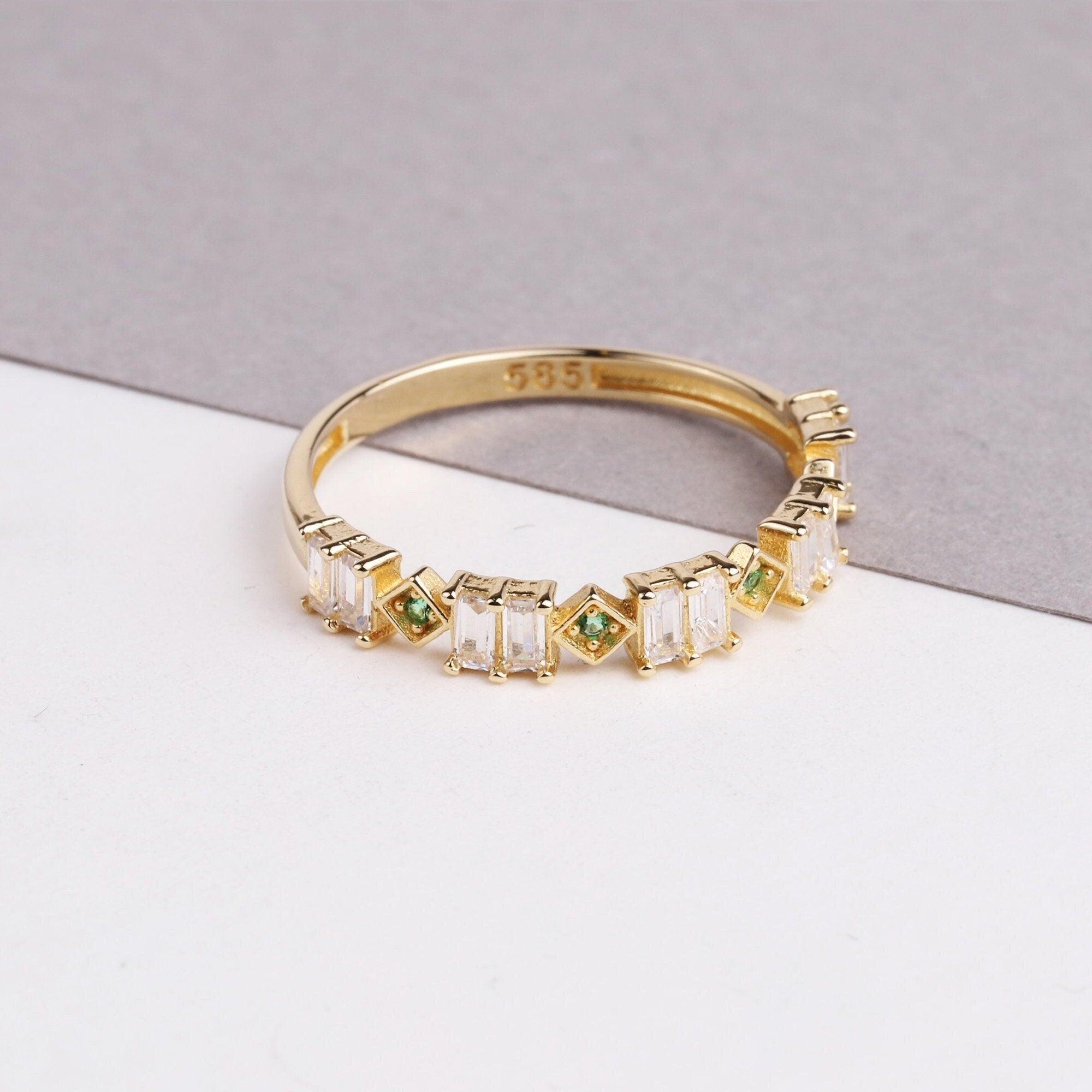 14K Gold Baguette Ring, Emerald Eternity Band Ring, Dainty Emerald Gemstone Ring, Green Stone Stacking Ring, Delicate May Birthstone Ring