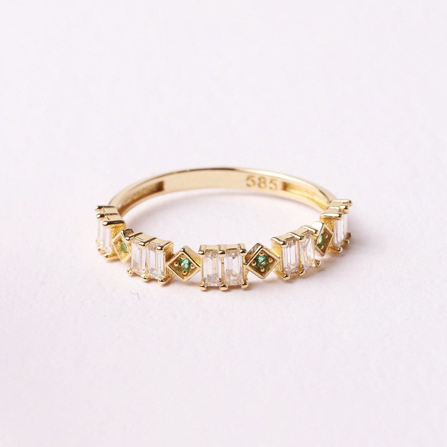 14K Gold Baguette Ring, Emerald Eternity Band Ring, Dainty Emerald Gemstone Ring, Green Stone Stacking Ring, Delicate May Birthstone Ring