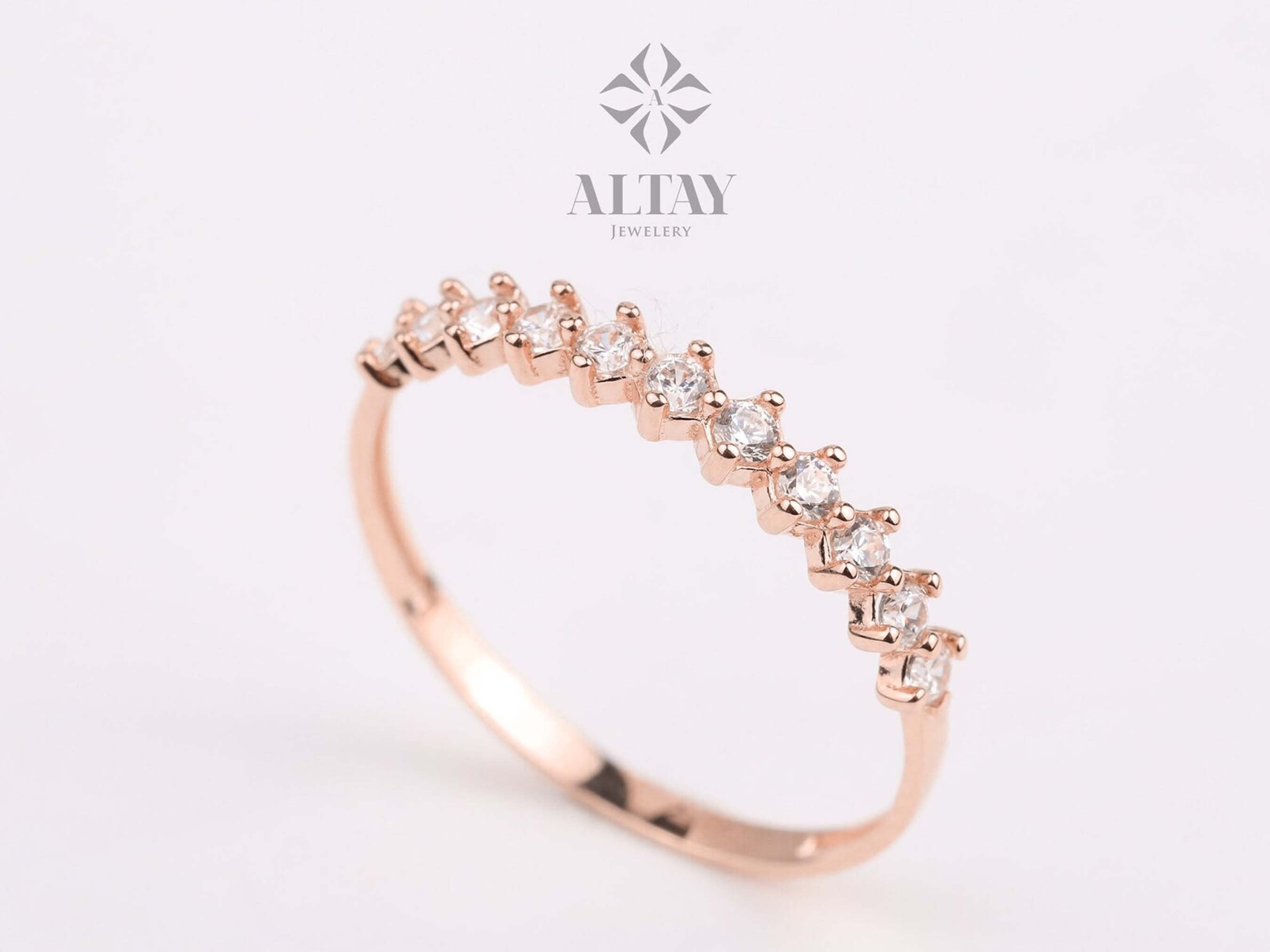 14K Gold Half Eternity Ring, Minimalist Marriage Ring, Multi Stone Bridal Band, Prong Setting Promise Ring, Dainty Stacking Gold Ring