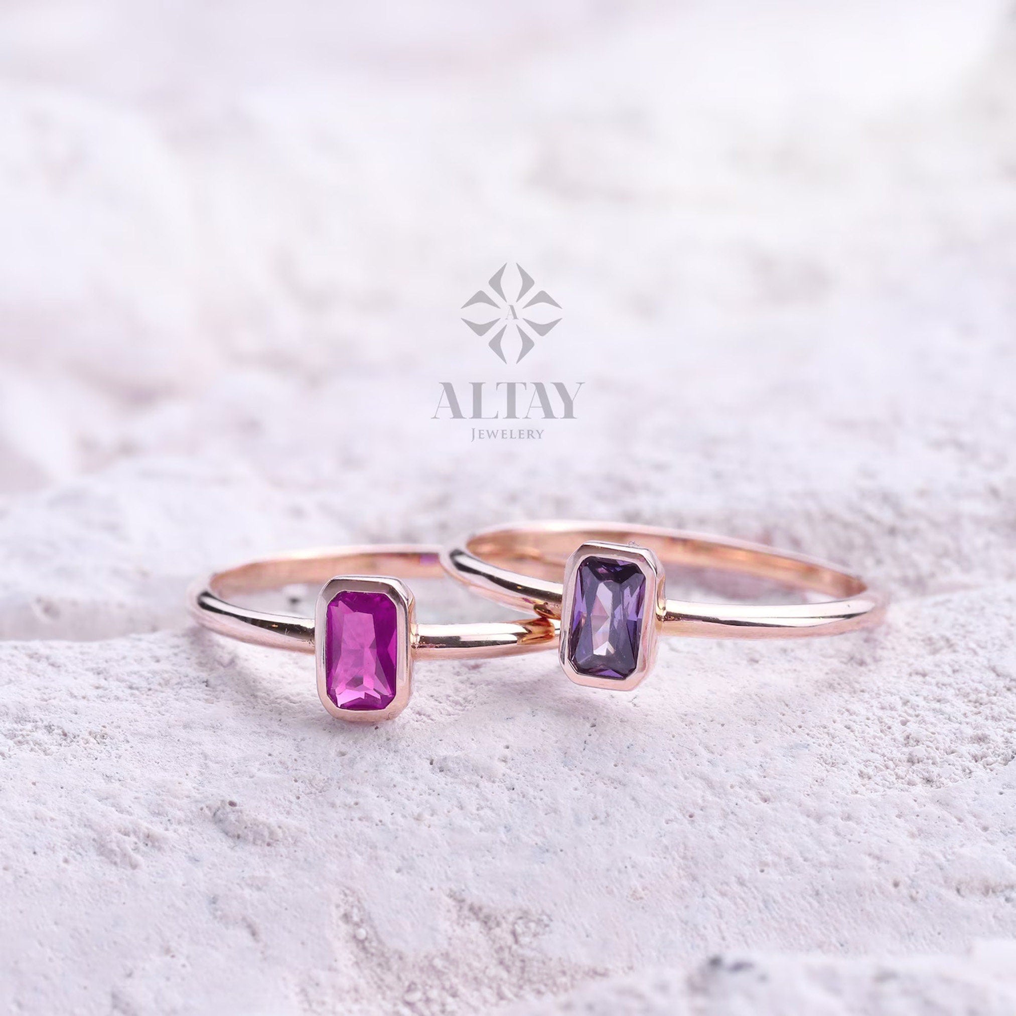 14K Gold Vintage Birthstone Ring, Baguette Gemstone, Personalized Solitaire Ring, Bezel Set Stone Ring, Elegant Gold Engagement Ring