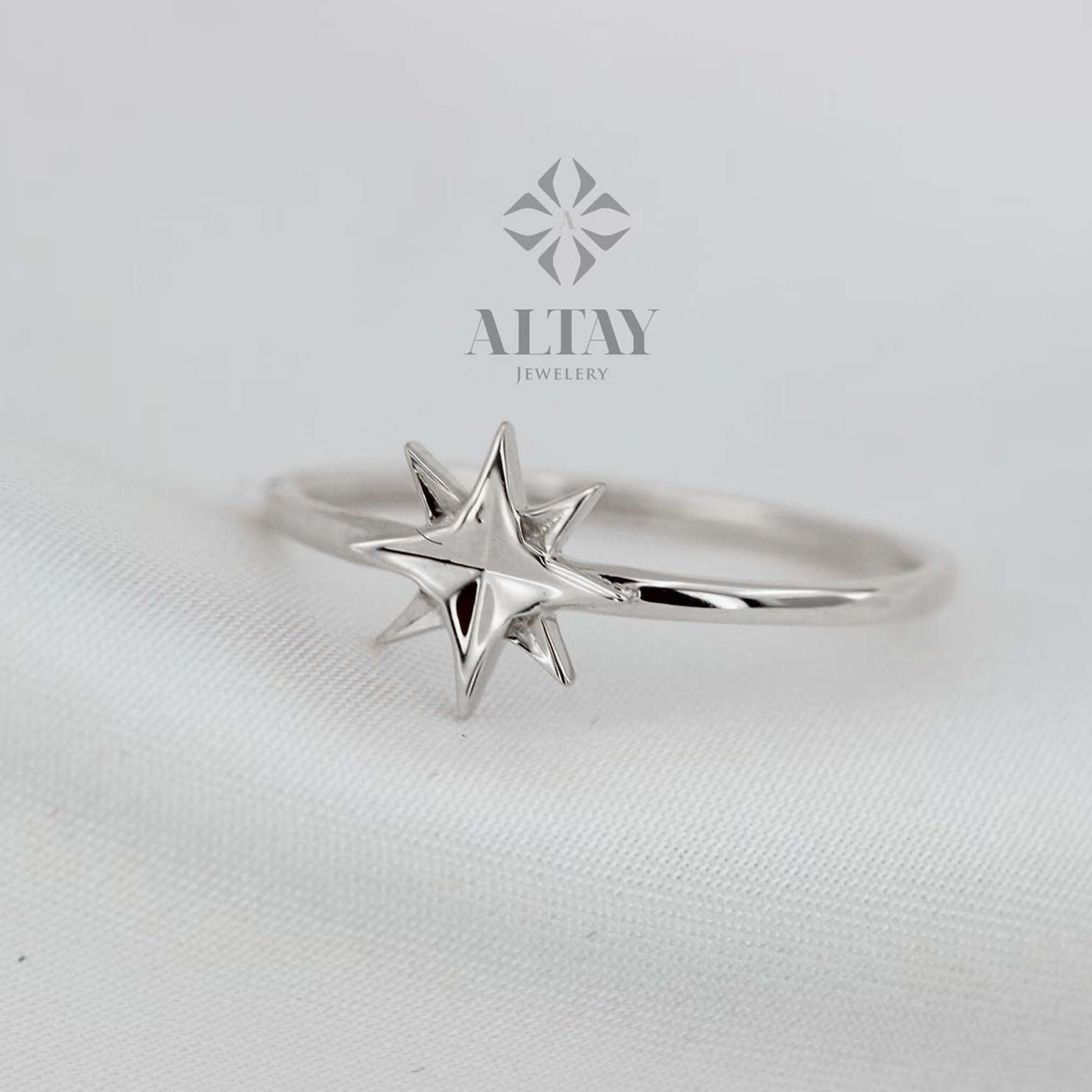 14K Solid Gold North Star Ring, Star Stackable Ring, Dainty Star Ring, Gold Starbust Ring, Minimalist Fine Jewelry, Gift For Her , Delicate