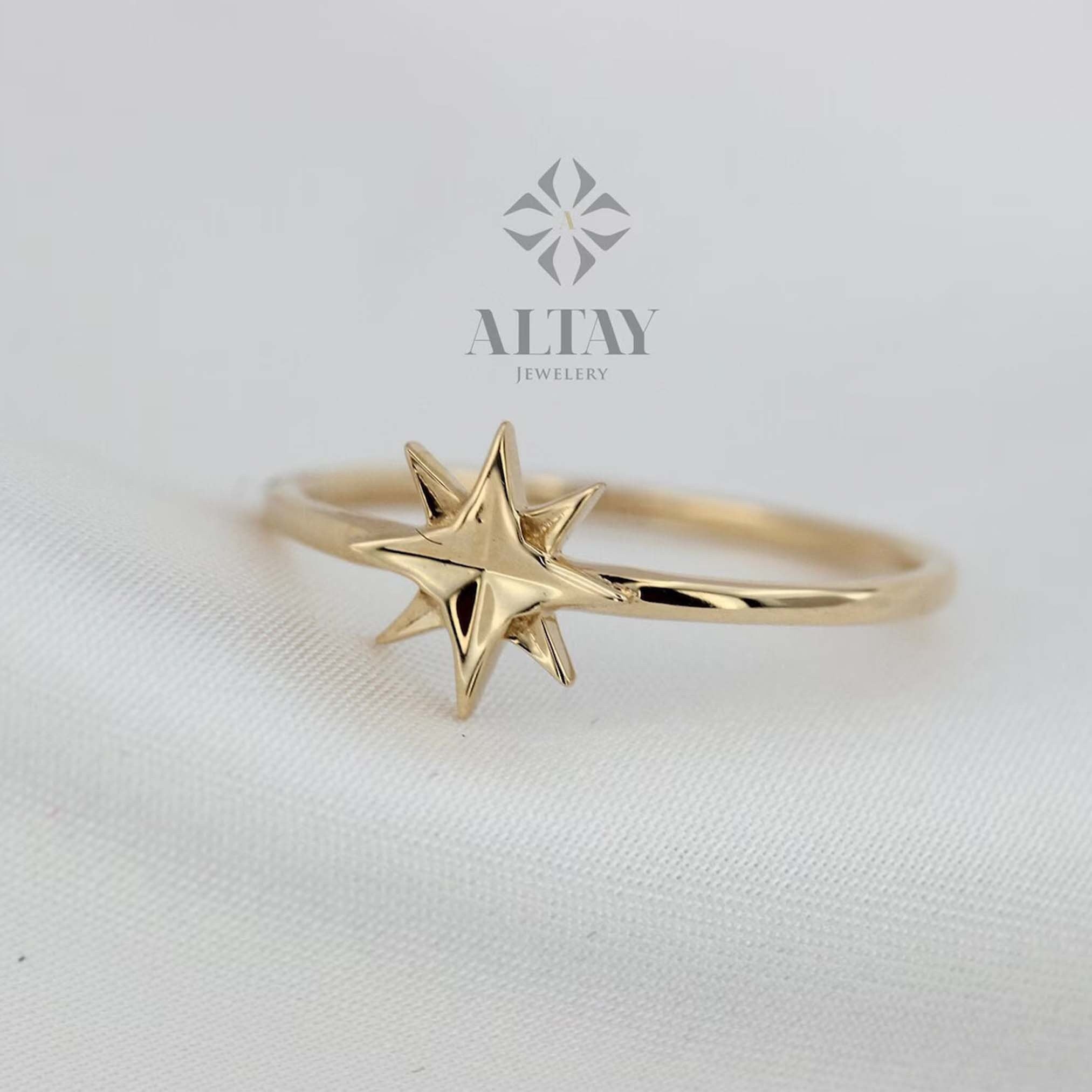 14K Solid Gold North Star Ring, Star Stackable Ring, Dainty Star Ring, Gold Starbust Ring, Minimalist Fine Jewelry, Gift For Her , Delicate