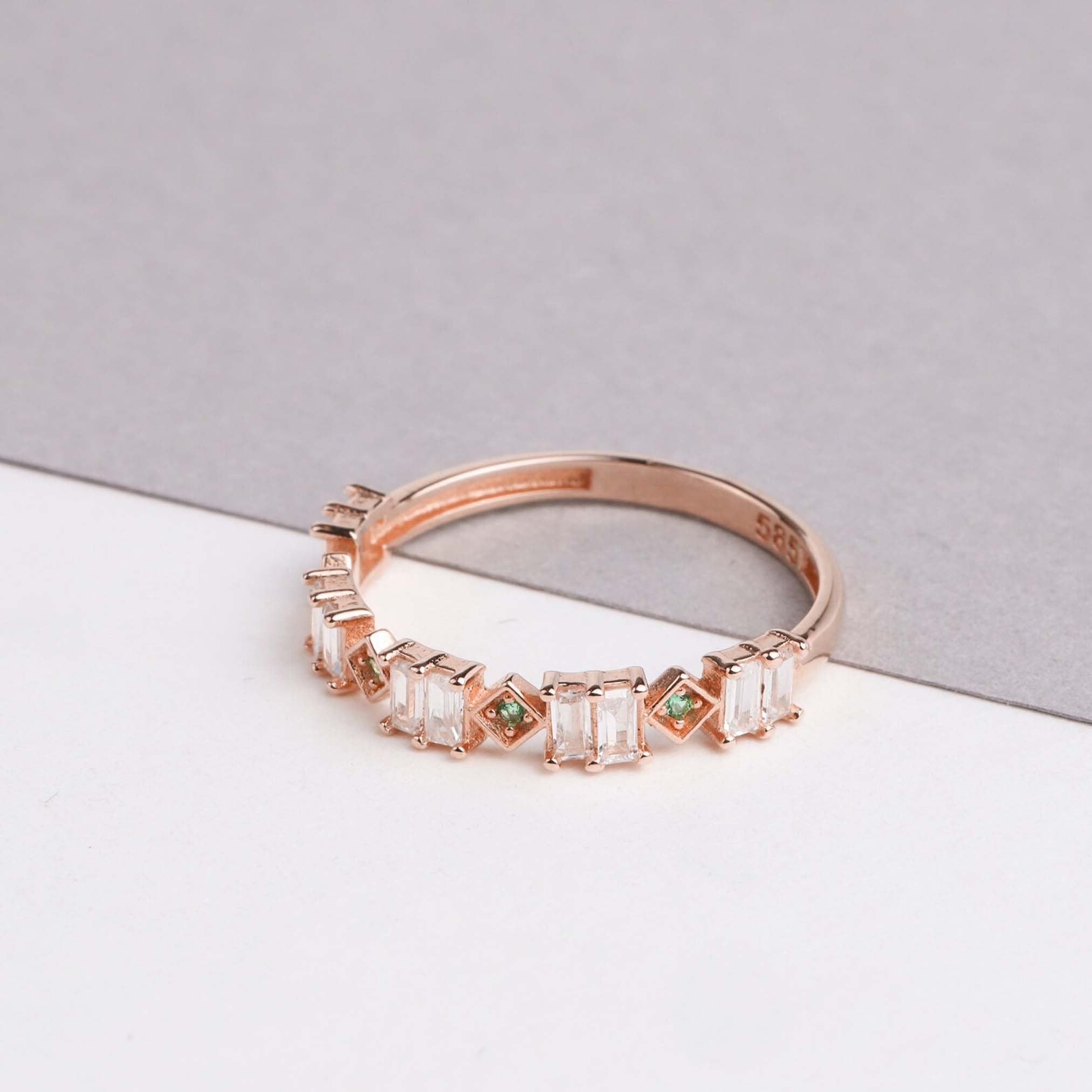 14K Gold Baguette Ring, Emerald Eternity Band Ring, Dainty Emerald Gemstone Ring, Green Stone Stacking Ring, Delicate May Birthstone Ring