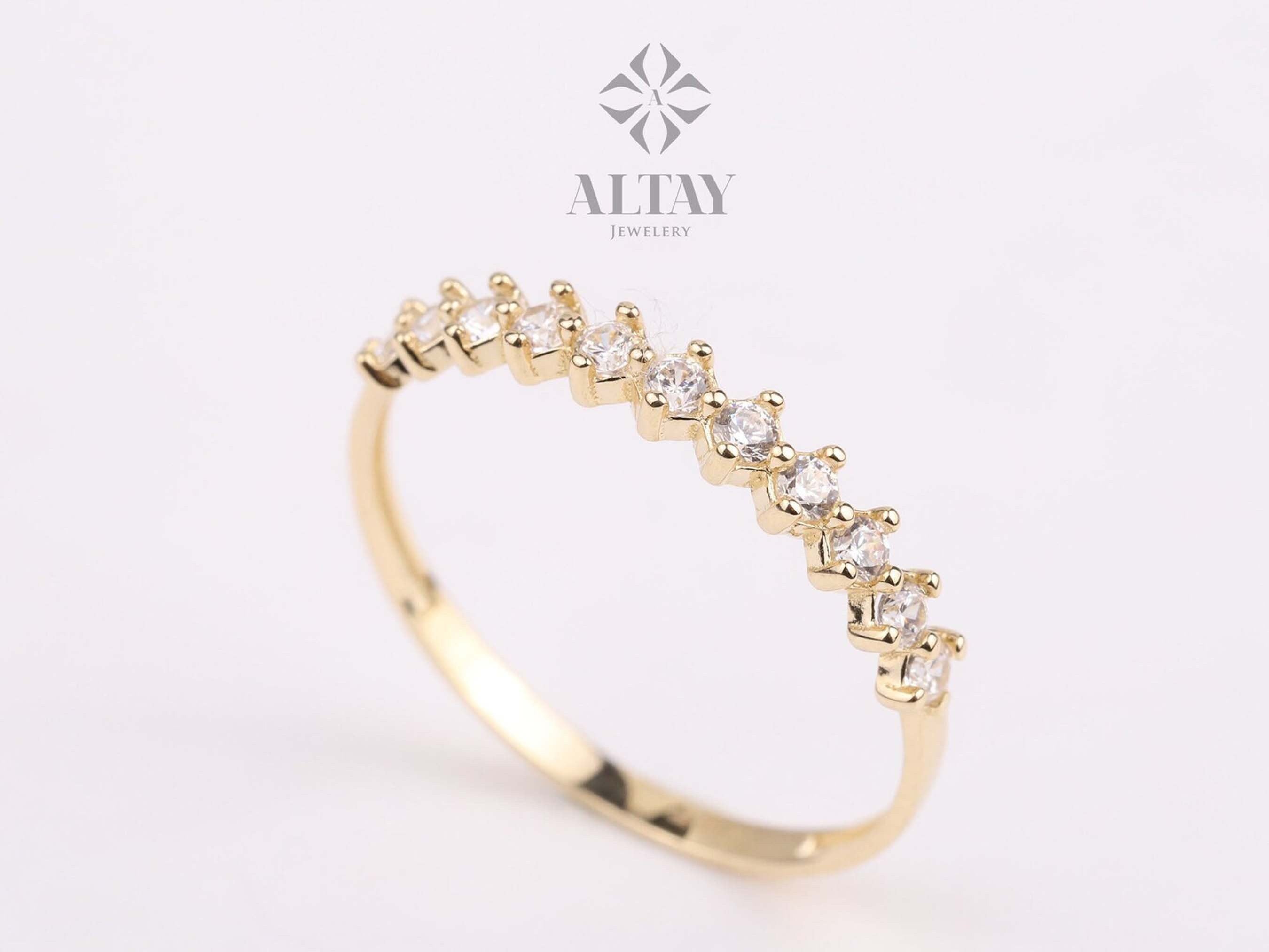 14K Gold Half Eternity Ring, Minimalist Marriage Ring, Multi Stone Bridal Band, Prong Setting Promise Ring, Dainty Stacking Gold Ring