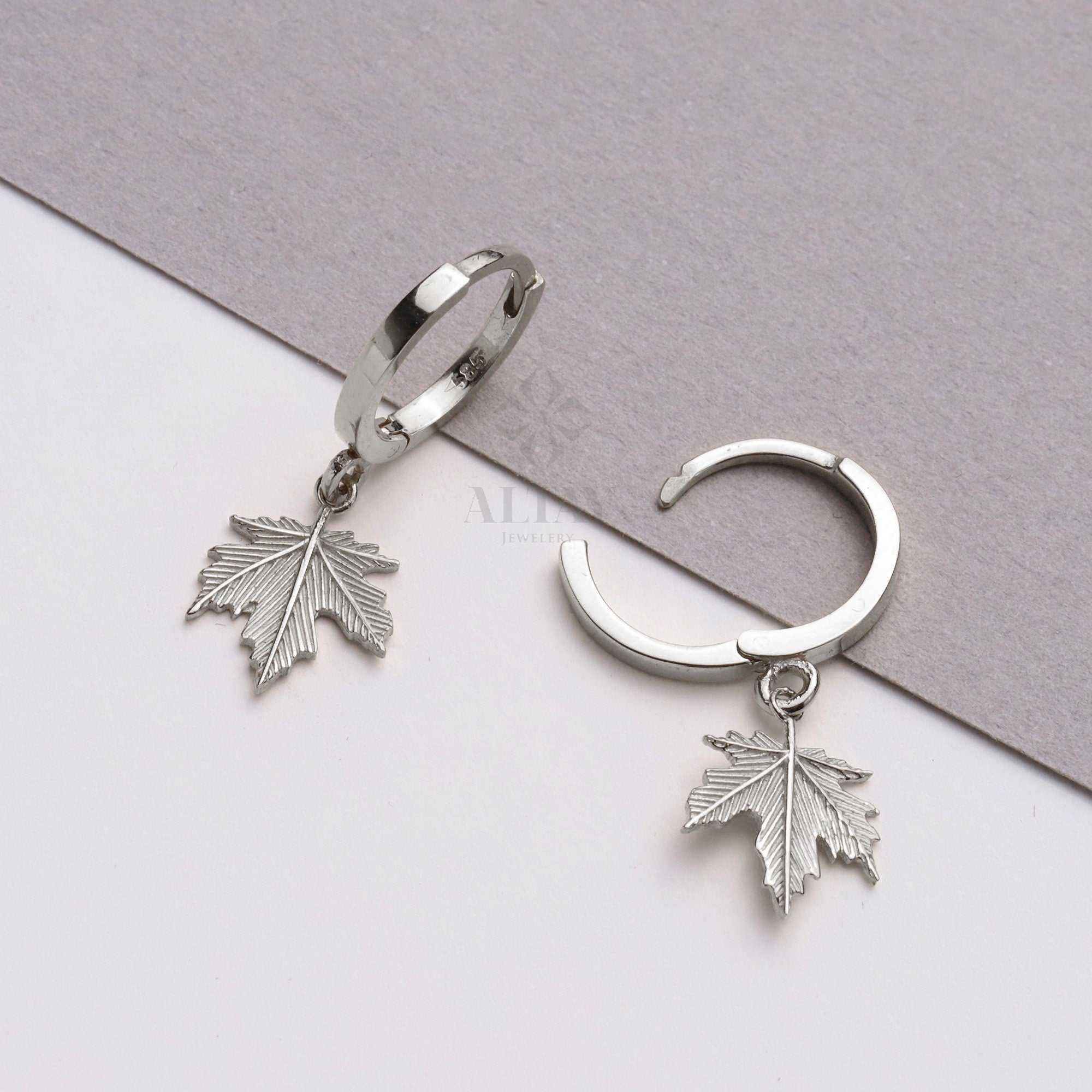 14K Gold Leaf Hoop Earrings, Dangle Maple Leaf Huggies, Maple Leaf Earrings, Tiny Drop Hoop Earrings, Huggies Hoop, Dainty Hoop Earrings