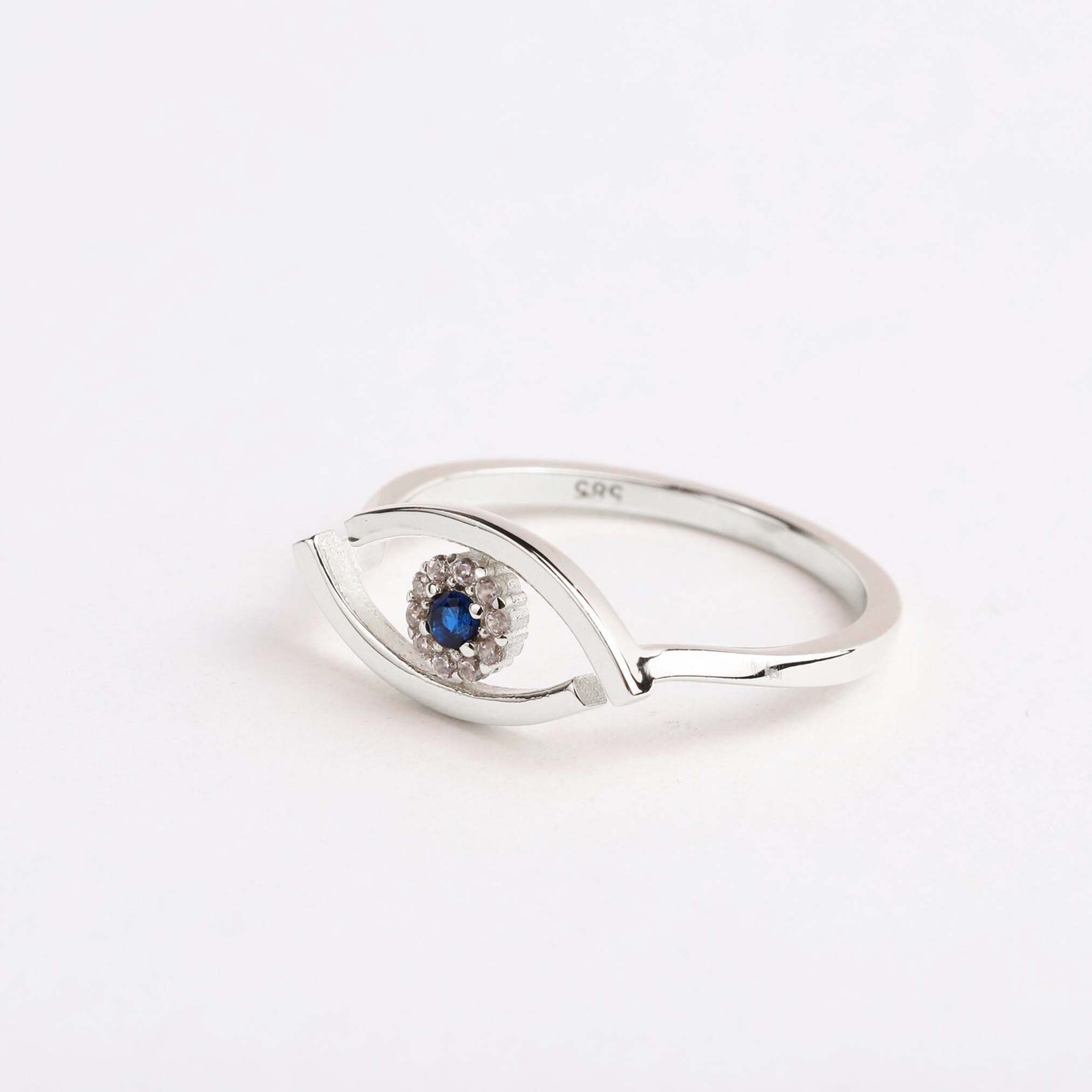 14K Gold Evil Eye Ring, Tiny Evil Eye Band Ring, Hamsa Pointer Ring, Sapphire Ring for Women, Third Eye Ring, Delicate Pinky Protection Ring